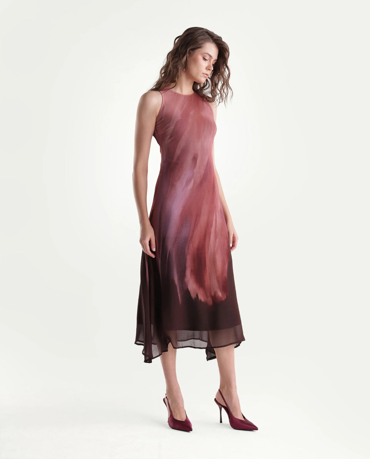Rareism Women's Yupin Pink Viscose Button And Zip A-Line Abstract Print Dress