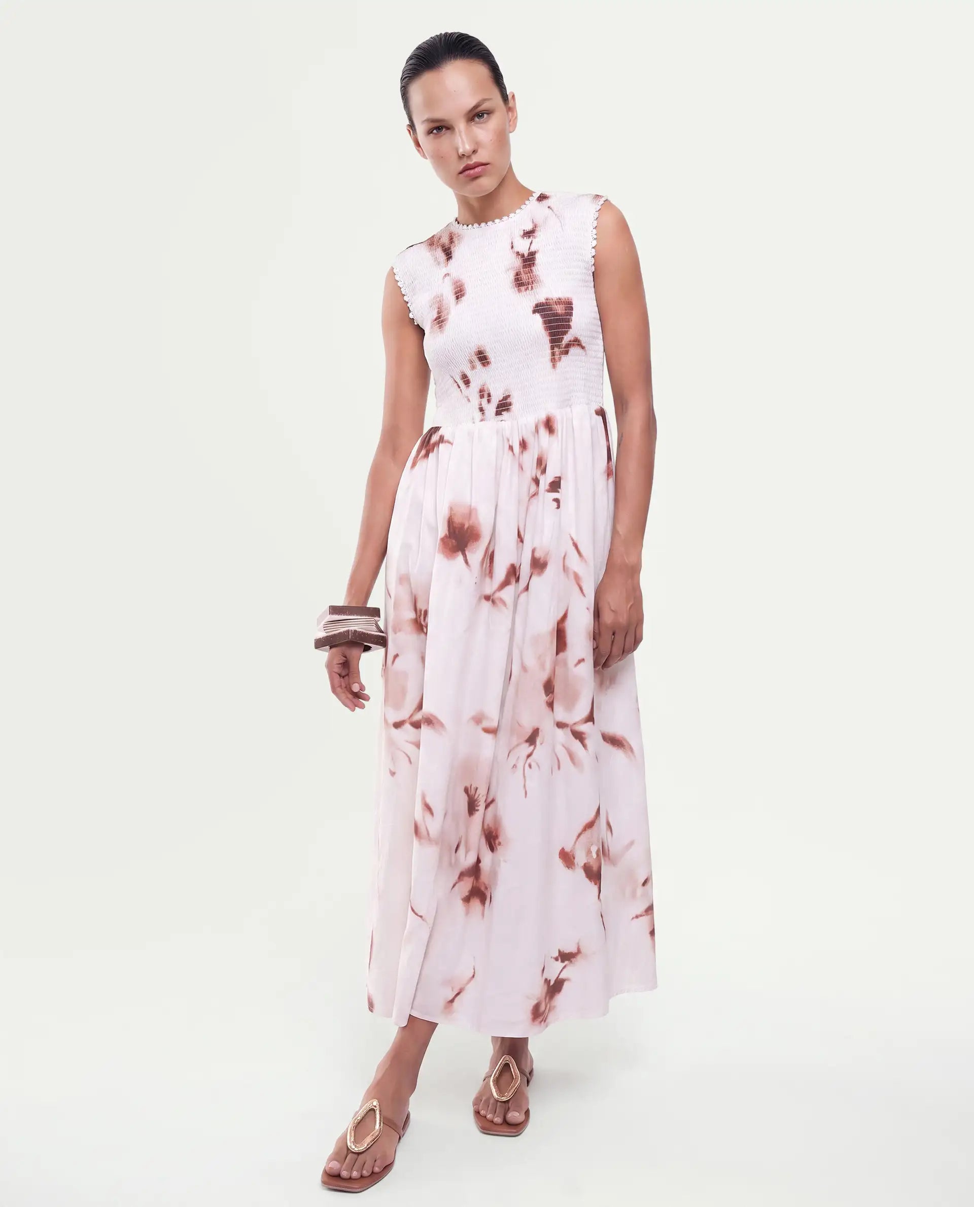 Rareism Women's Yorga Off White Cotton Button Fit And Flare Abstract Print Dress
