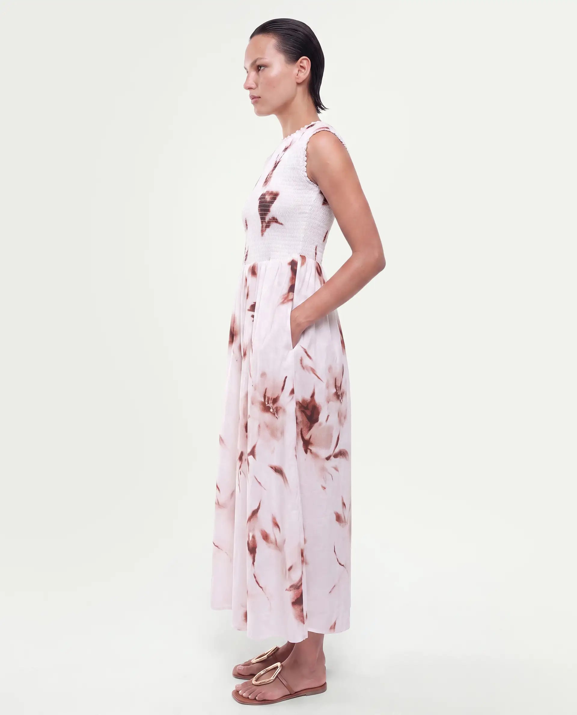 Rareism Women's Yorga Off White Cotton Button Fit And Flare Abstract Print Dress