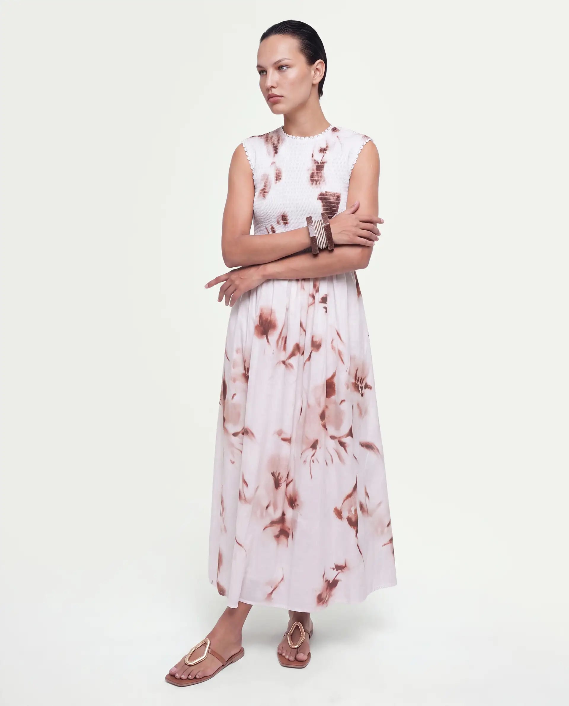 Rareism Women's Yorga Off White Cotton Button Fit And Flare Abstract Print Dress