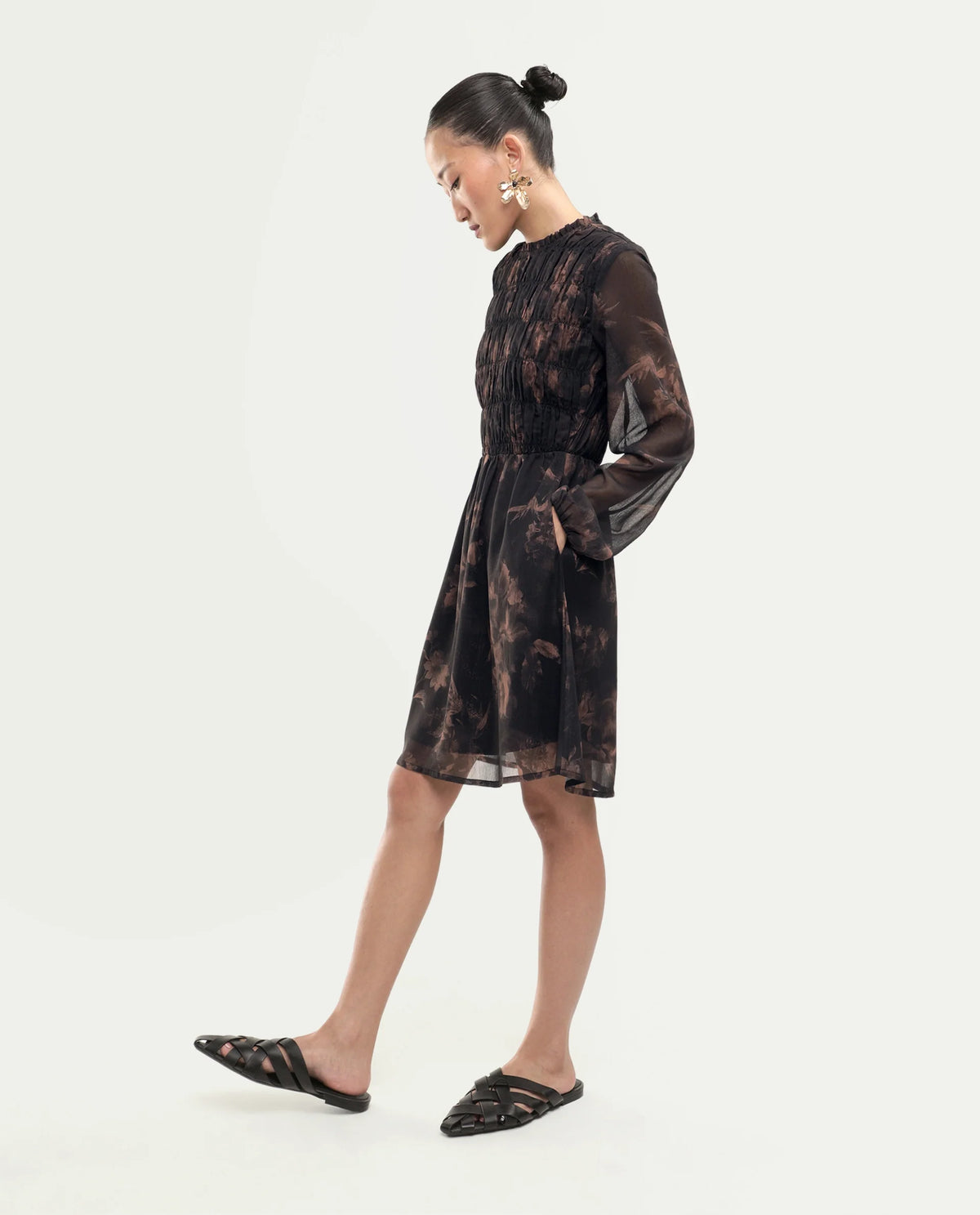 Rareism Women's Yana Brown Polyester Button Fit And Flare Floral Print Dress