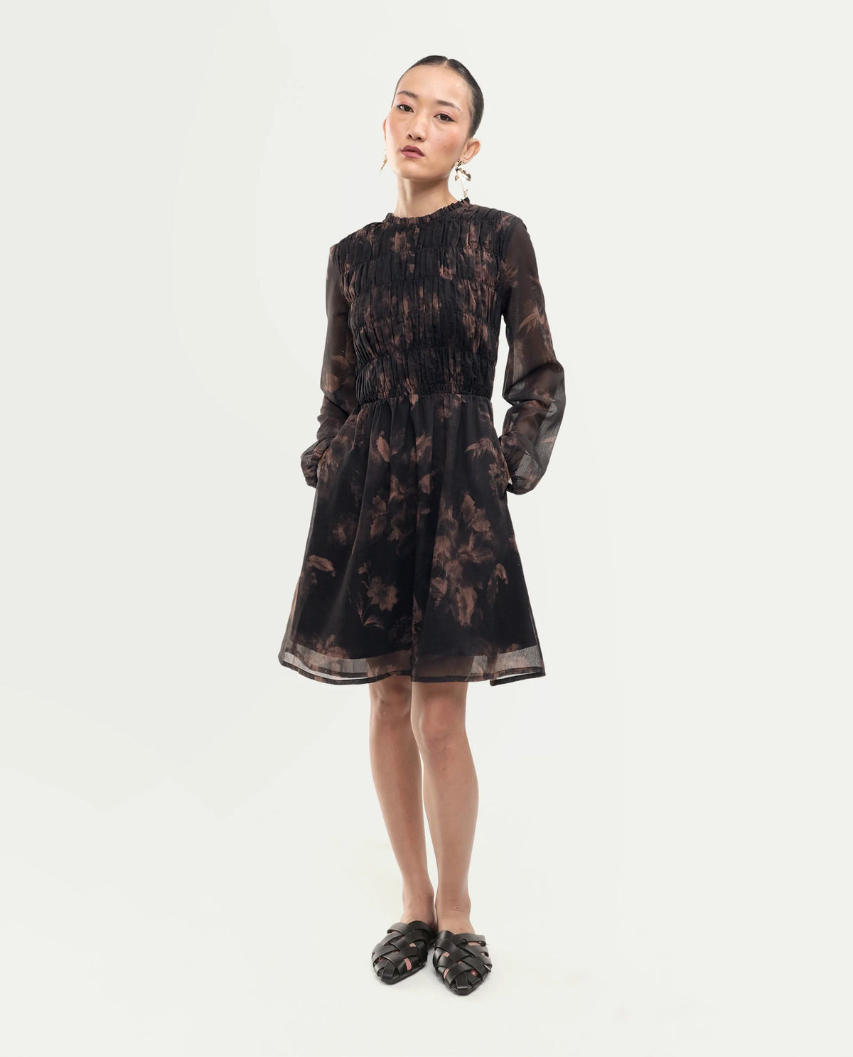 Rareism Women's Yana Brown Polyester Button Fit And Flare Floral Print Dress