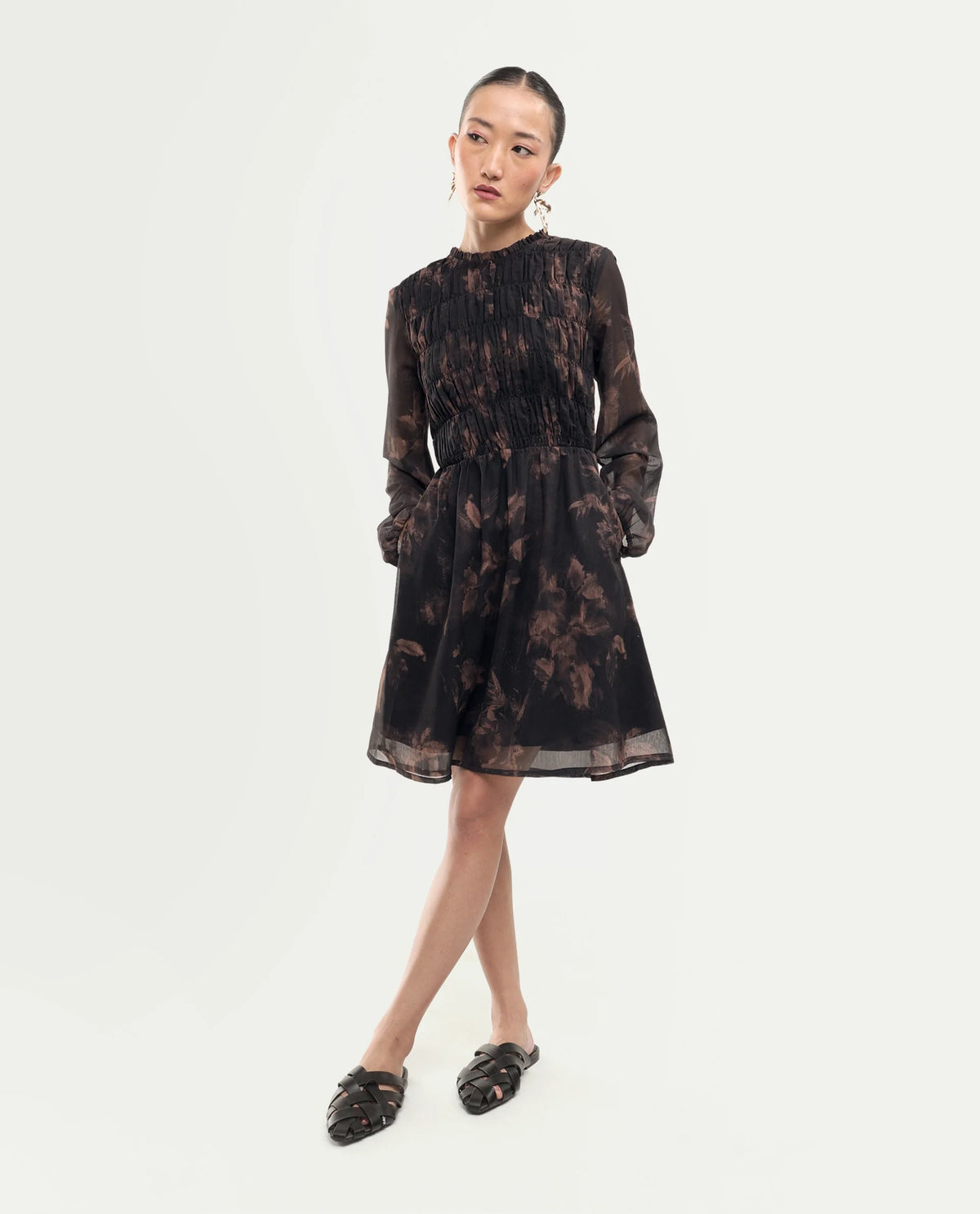 Rareism Women's Yana Brown Polyester Button Fit And Flare Floral Print Dress