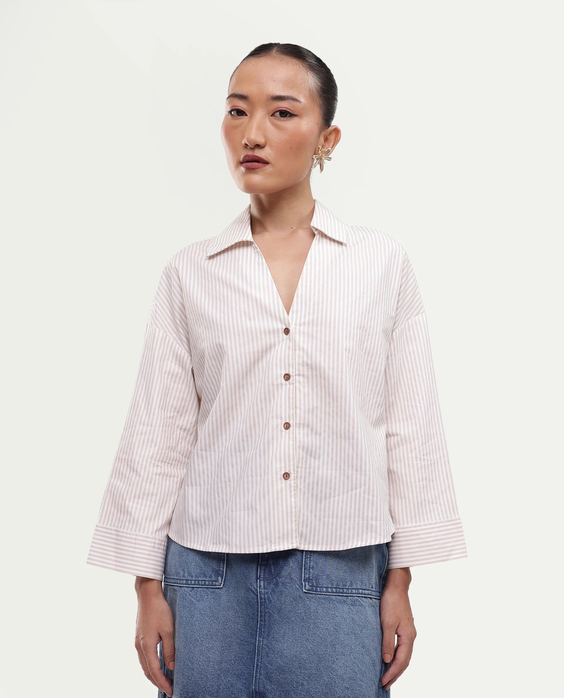 Rareism Women's Yusi Beige Cotton Button Relaxed Fit Striped Shirt