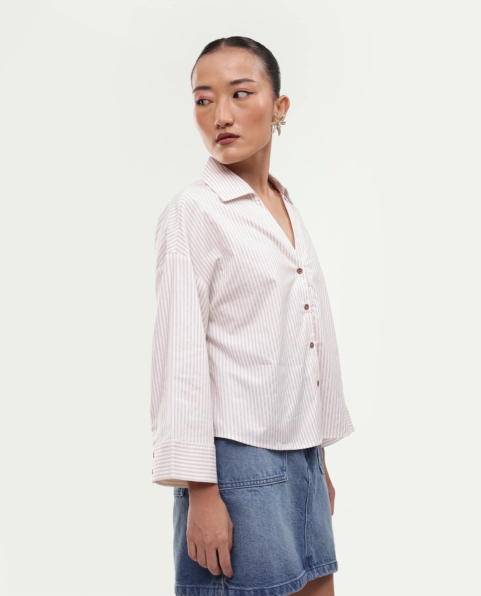 Rareism Women's Yusi Beige Cotton Button Relaxed Fit Striped Shirt