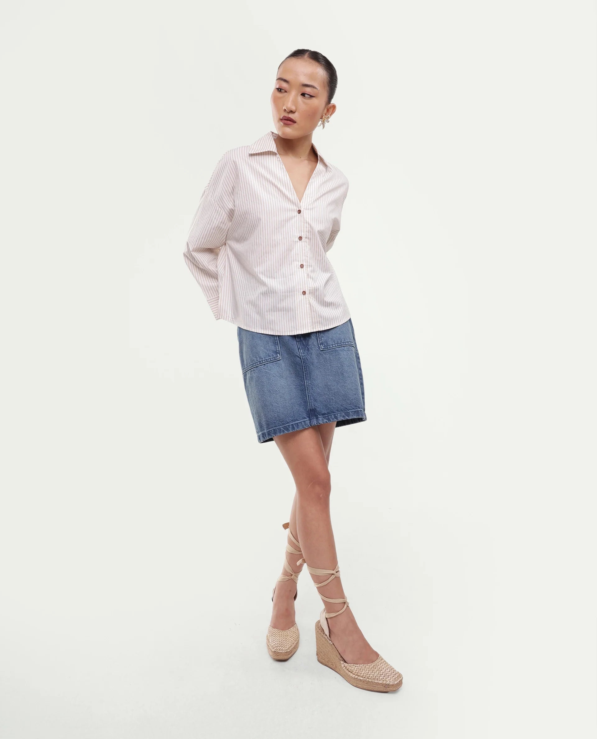 Rareism Women's Yusi Beige Cotton Button Relaxed Fit Striped Shirt