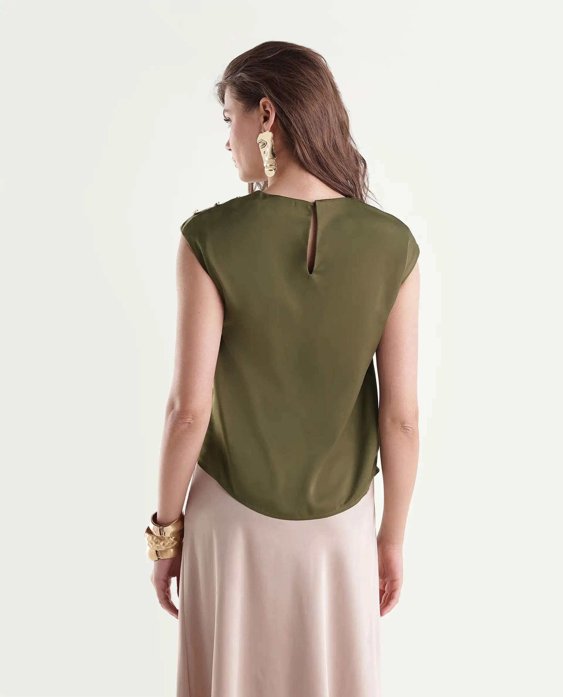 Rareism Women's Odil Olive Polyester Button Regular Fit Plain Top