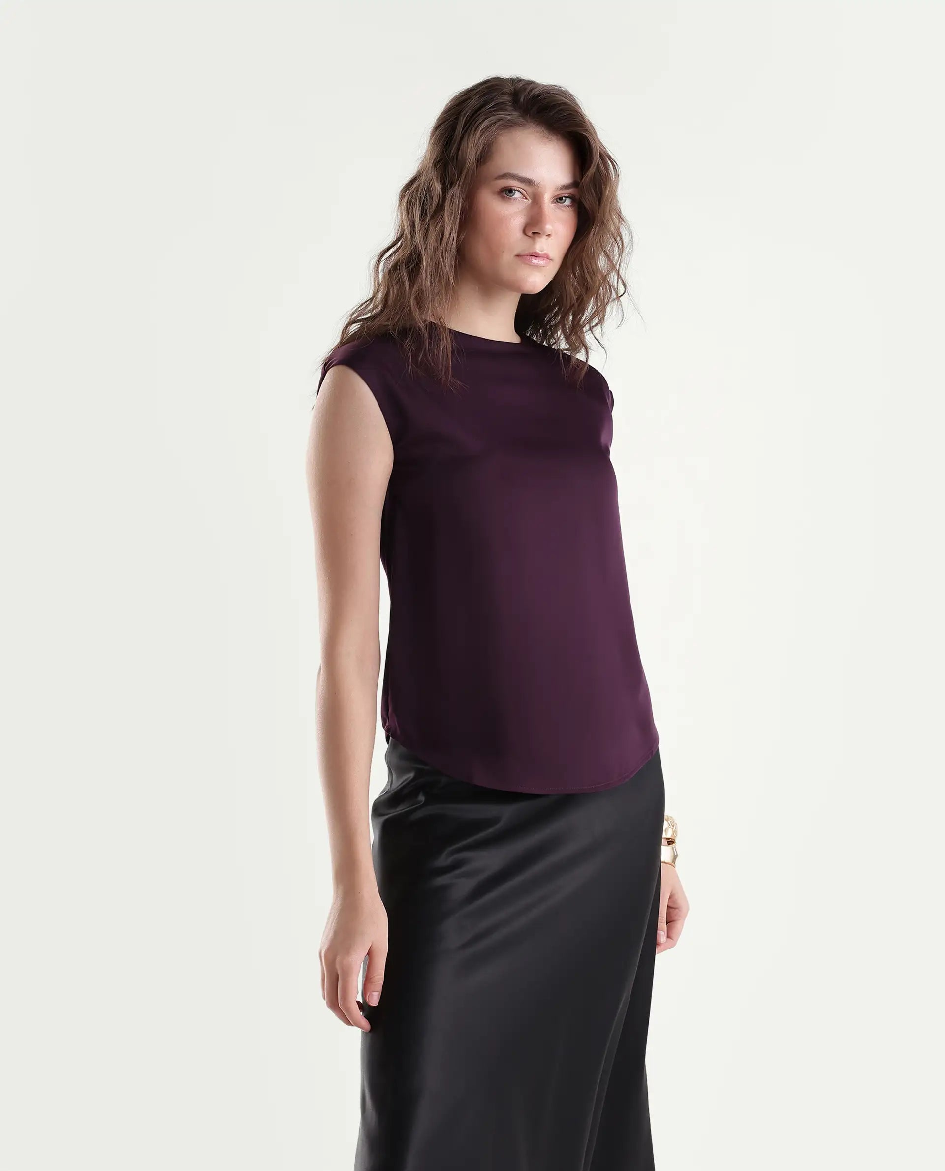 Rareism Women's Odil Dark Purple Polyester Button Regular Fit Plain Top