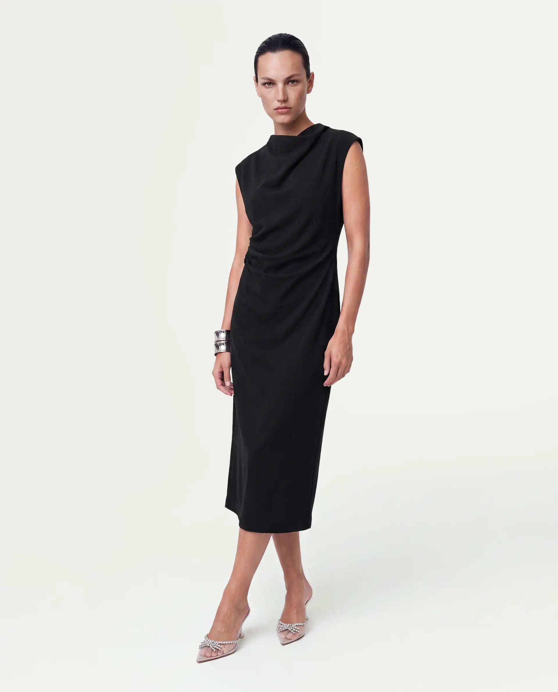 Rareism Women's Otim Black Polyester Button And Zip A-Line Plain Dress