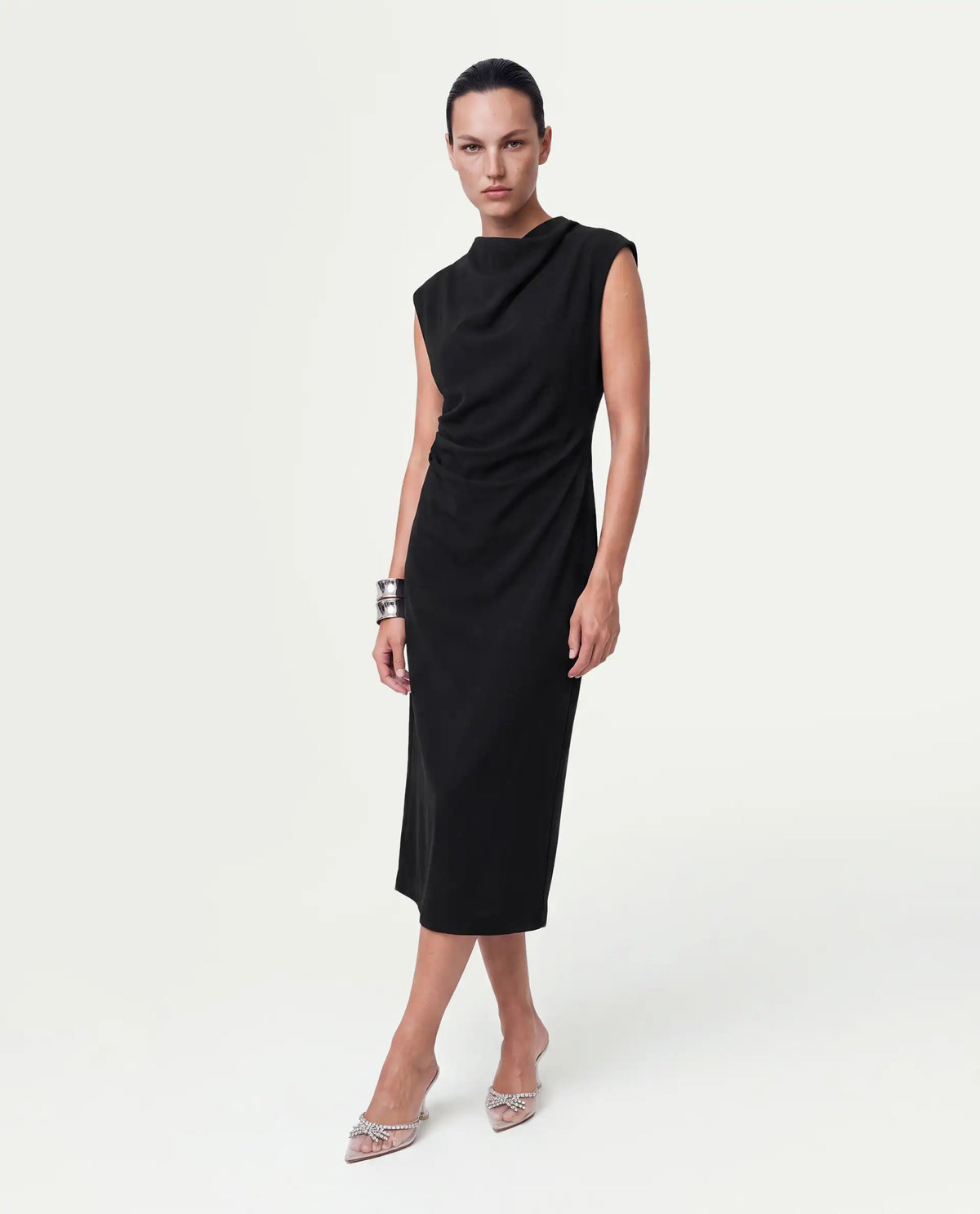 Rareism Women's Otim Black Polyester Button And Zip A-Line Plain Dress