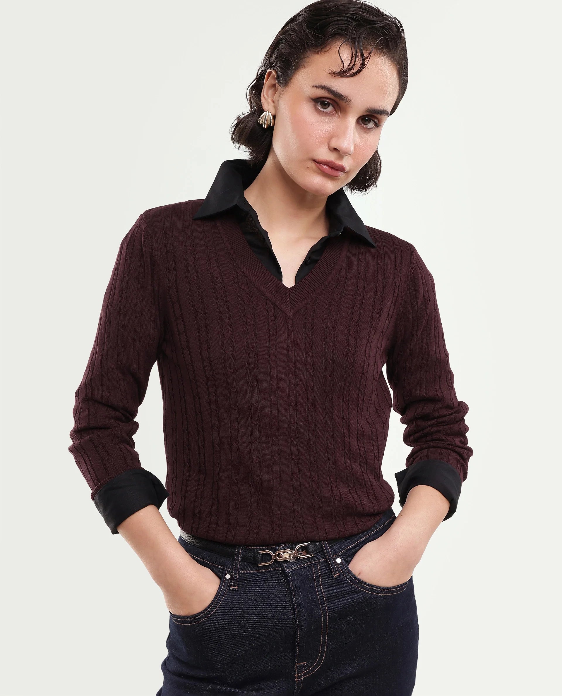 Rareism Women's Lizmit Dark Maroon Viscose V-Neck Relaxed Plain Sweater
