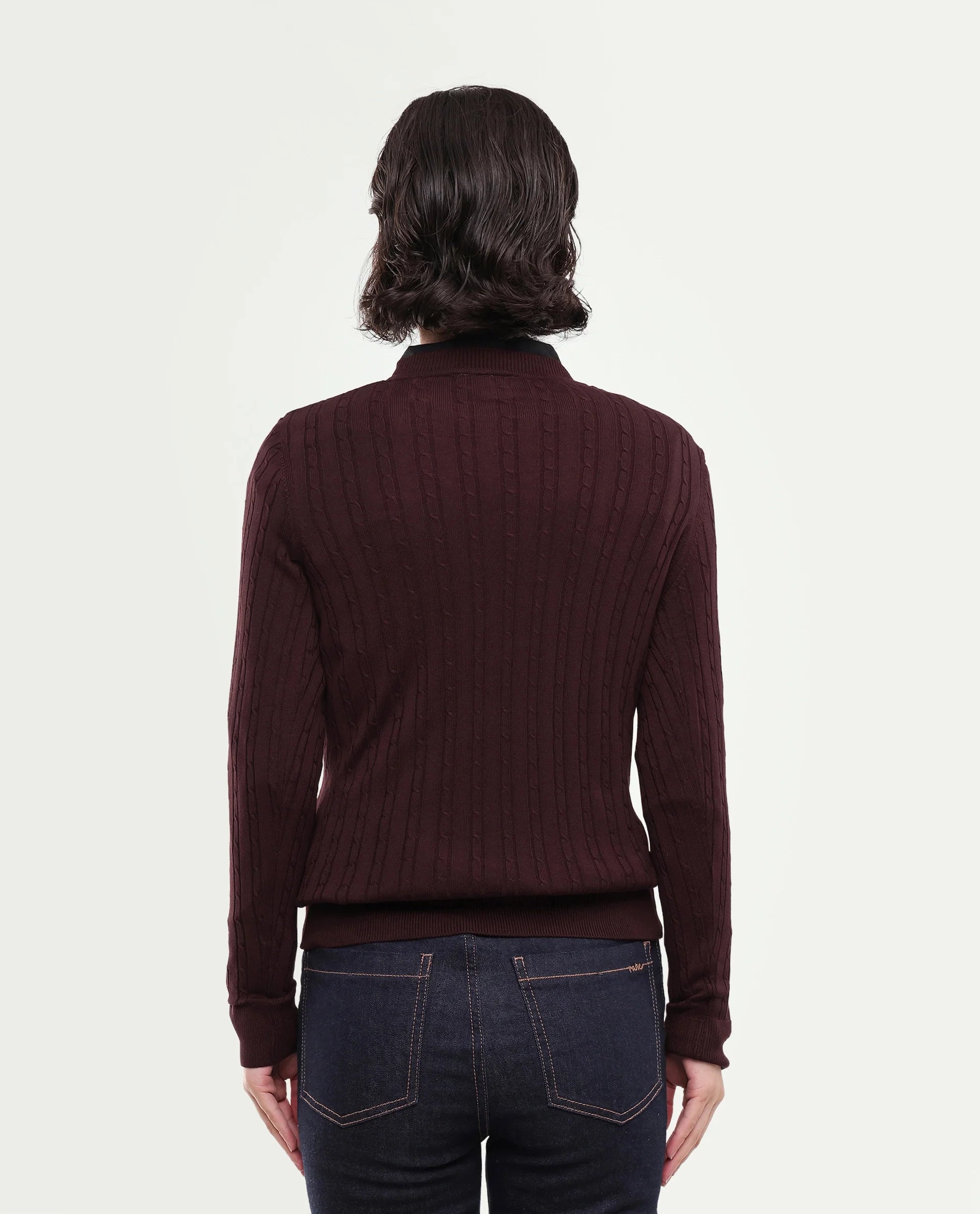 Rareism Women's Lizmit Dark Maroon Viscose V-Neck Relaxed Plain Sweater
