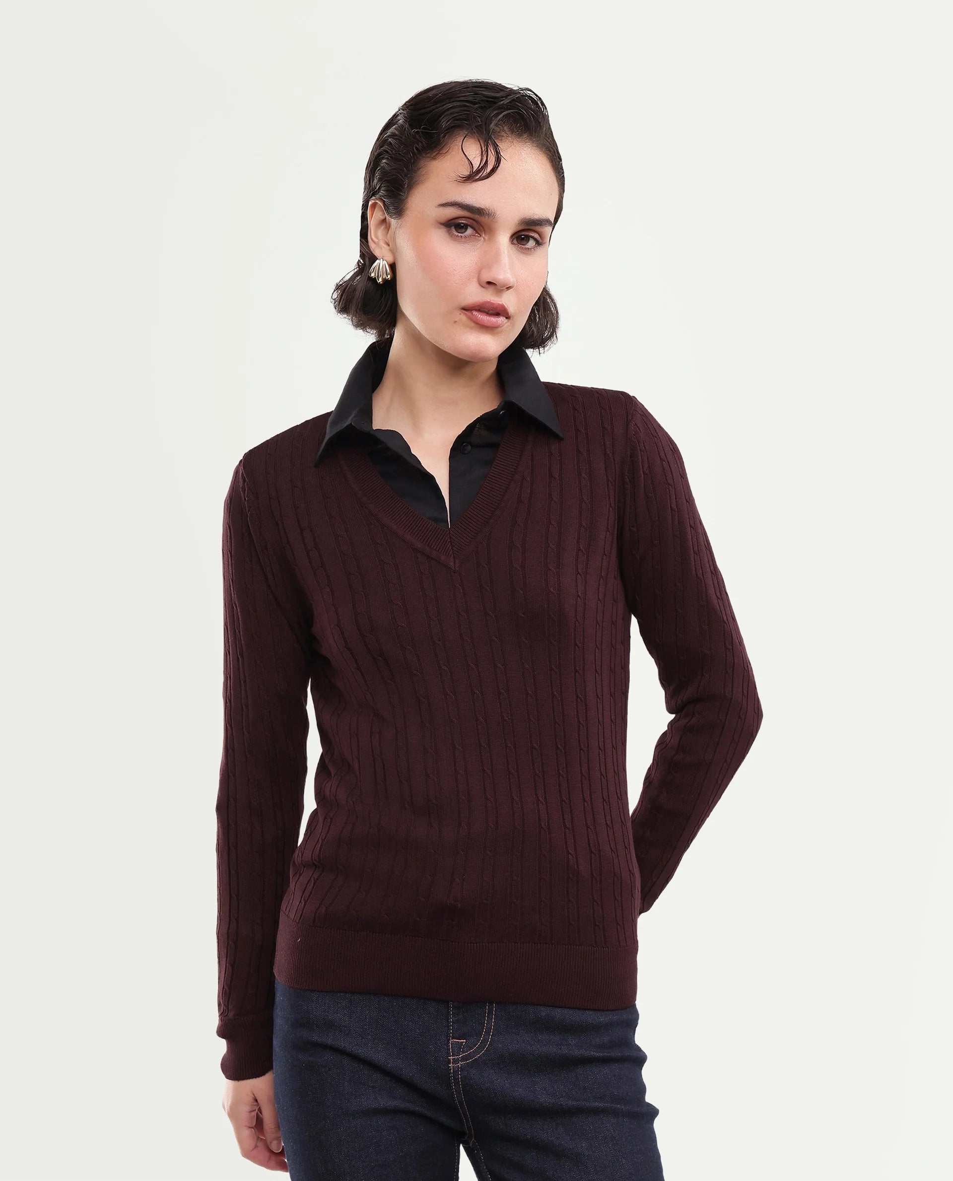 Rareism Women's Lizmit Dark Maroon Viscose V-Neck Relaxed Plain Sweater