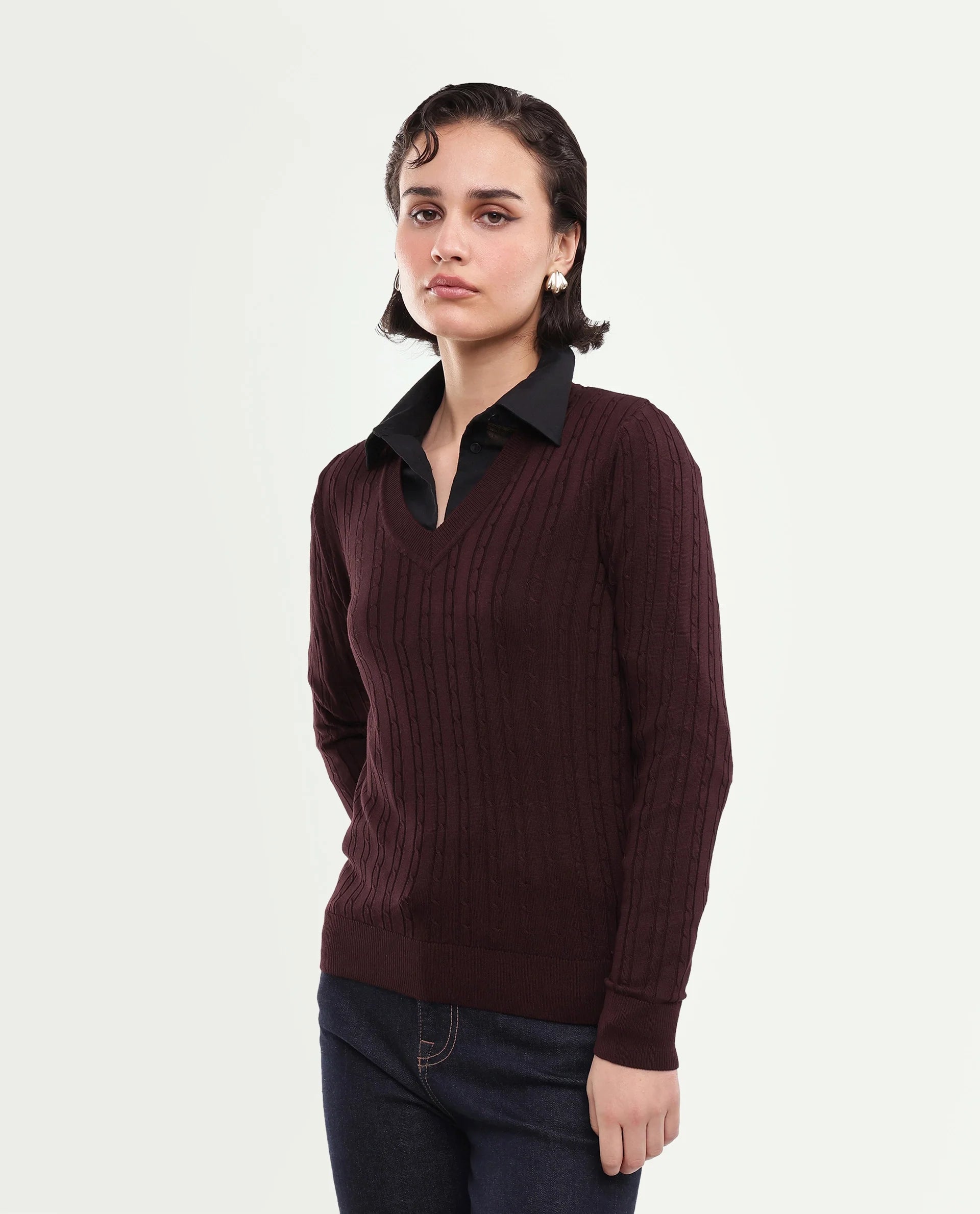 Rareism Women's Lizmit Dark Maroon Viscose V-Neck Relaxed Plain Sweater