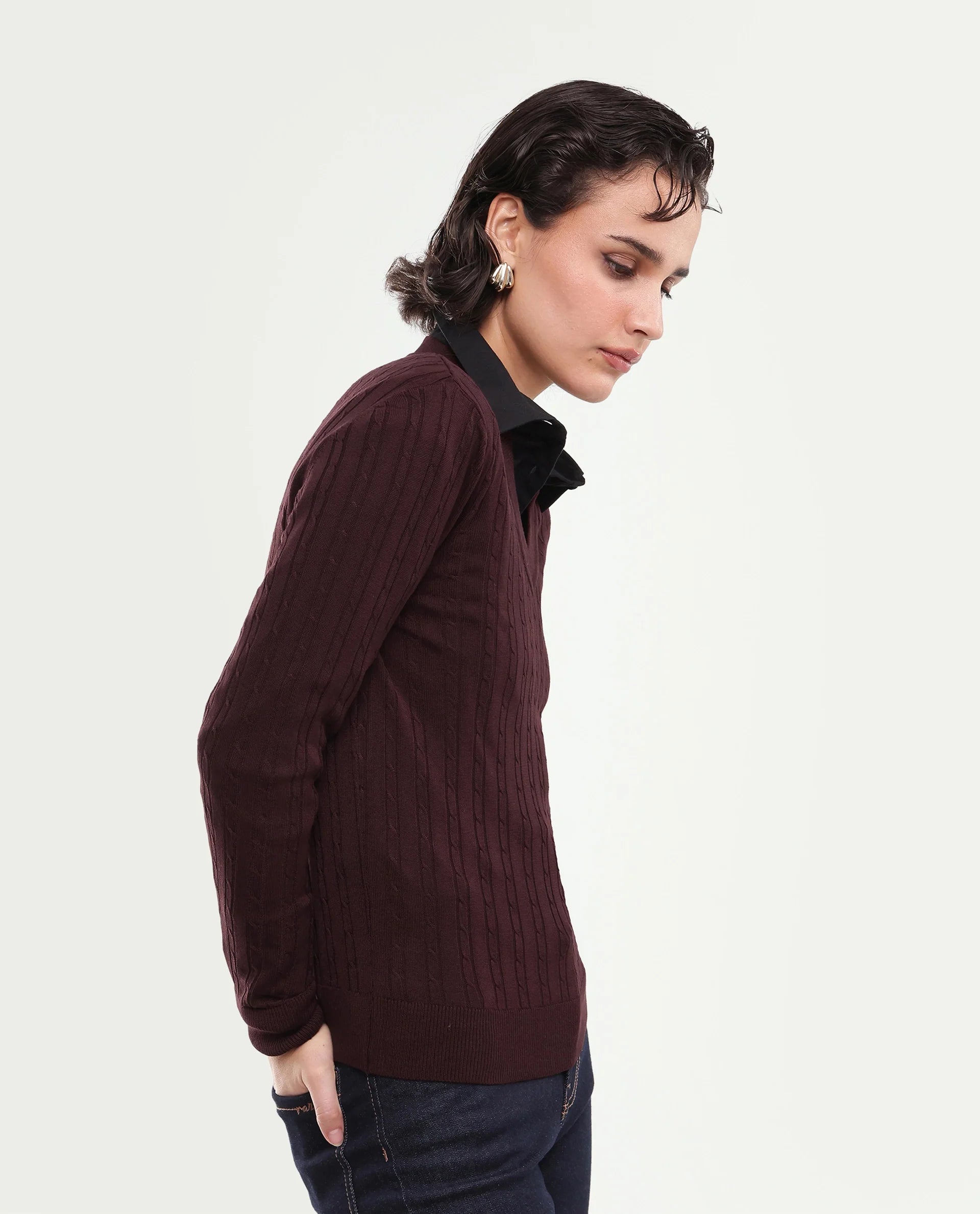 Rareism Women's Lizmit Dark Maroon Viscose V-Neck Relaxed Plain Sweater
