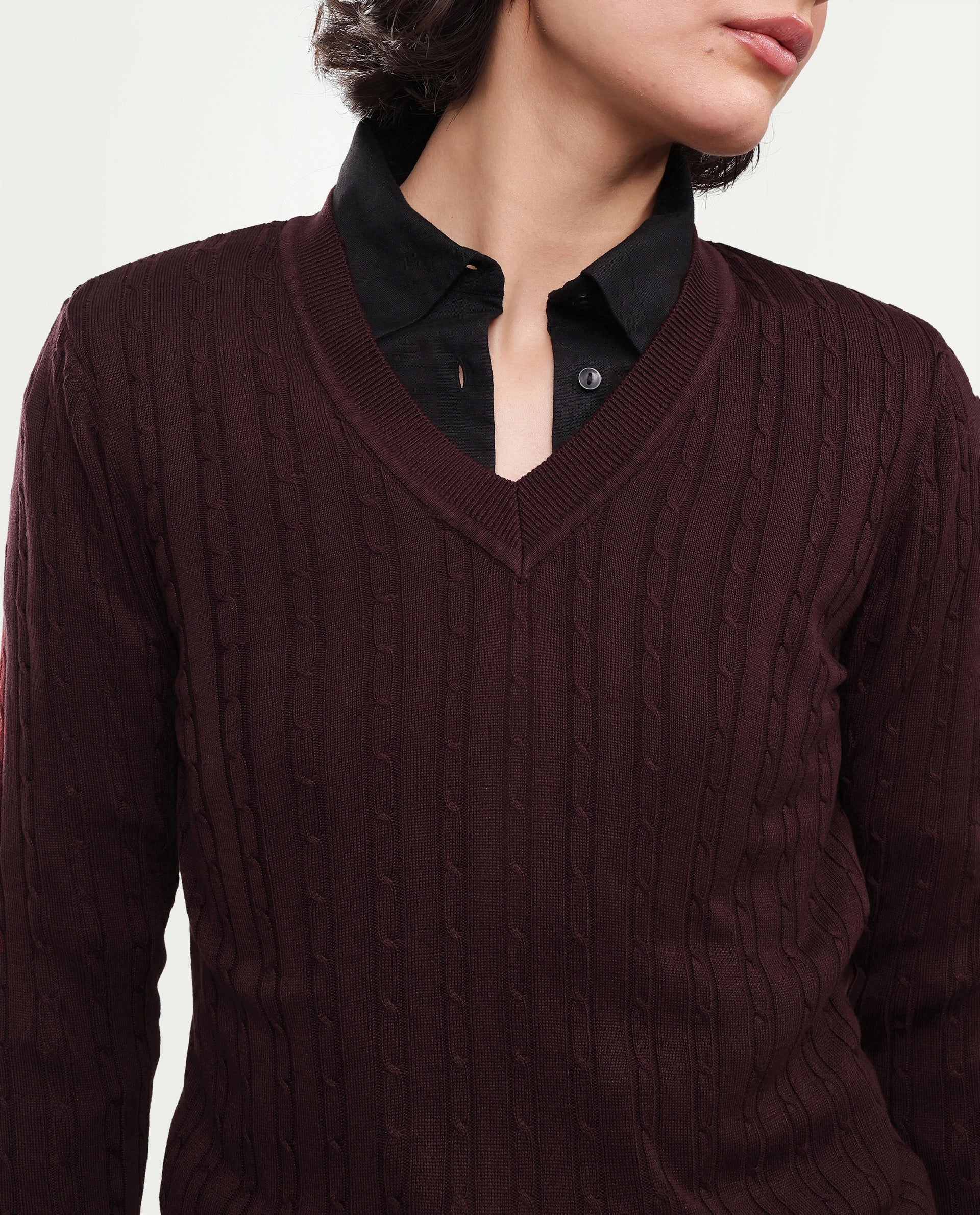 Rareism Women's Lizmit Dark Maroon Viscose V-Neck Relaxed Plain Sweater
