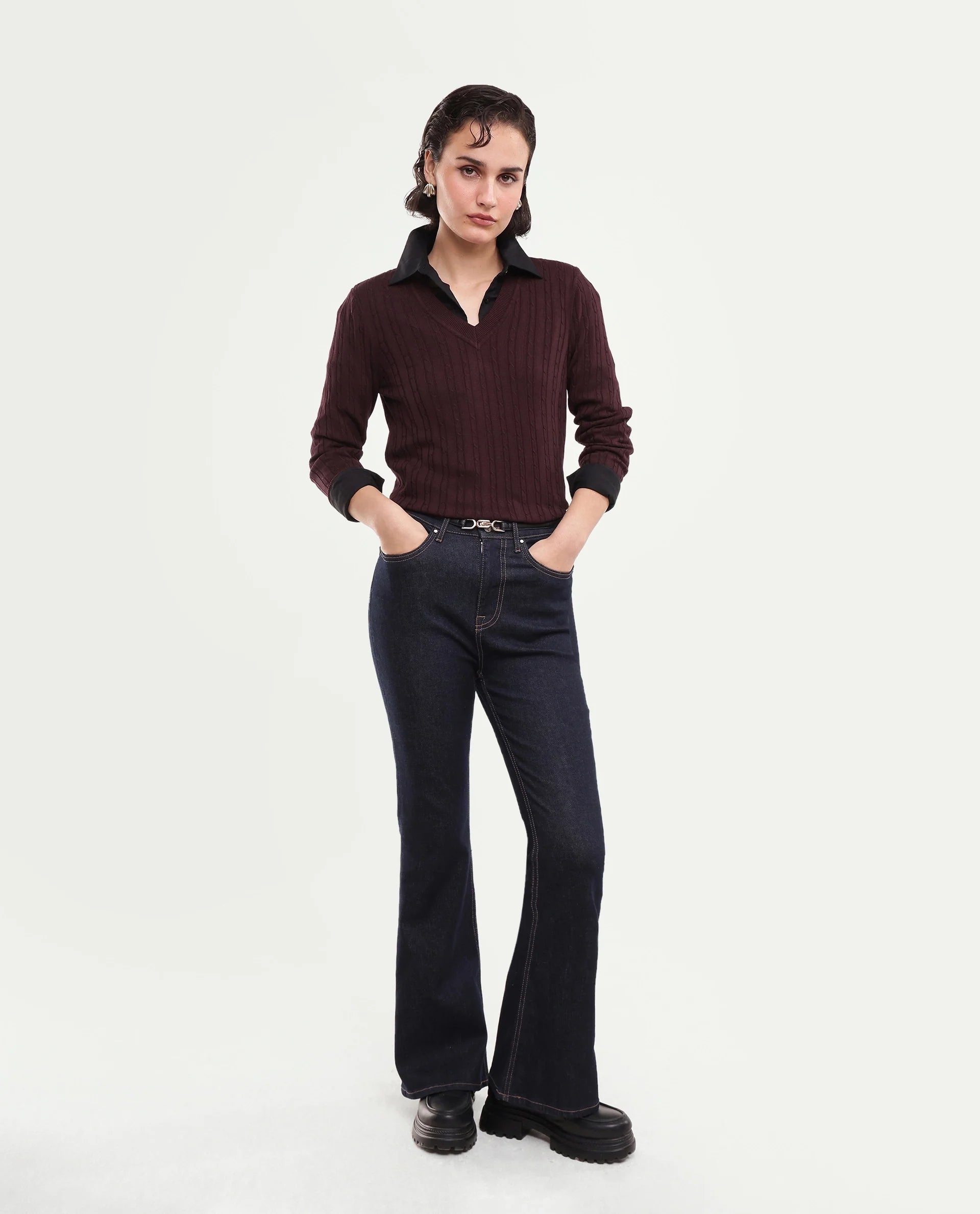 Rareism Women's Lizmit Dark Maroon Viscose V-Neck Relaxed Plain Sweater