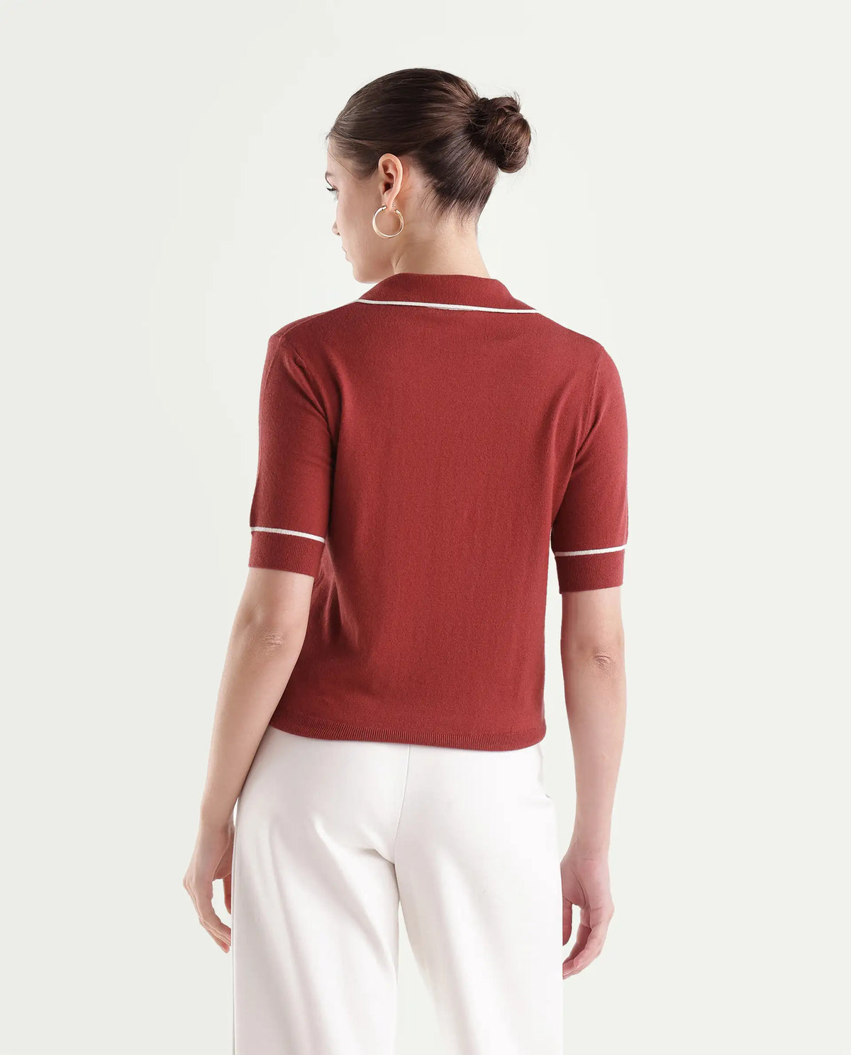 Rareism Women's Lolo Dark Red Viscose Blend Spread Collar Regular Plain Polo
