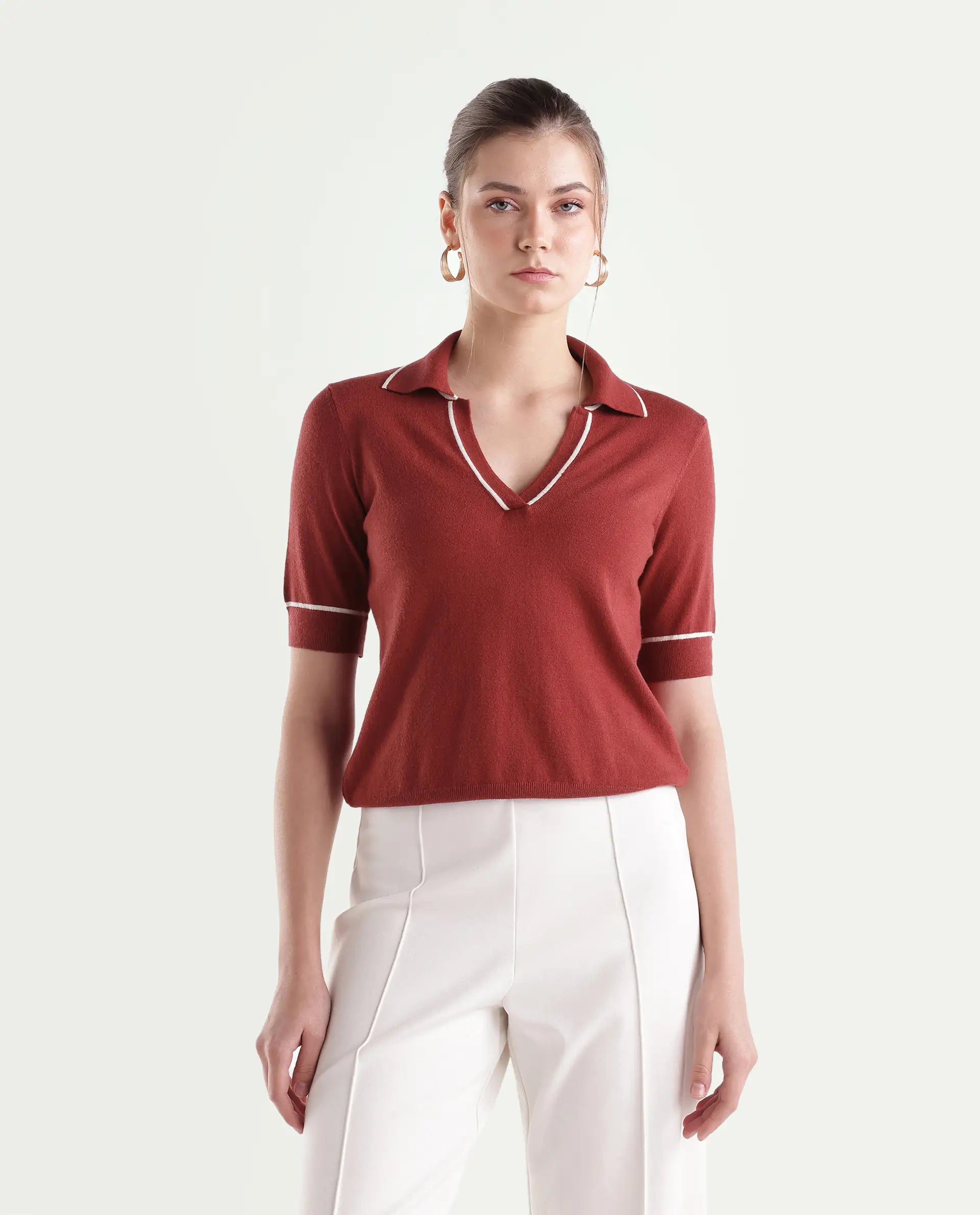 Rareism Women's Lolo Dark Red Viscose Blend Spread Collar Regular Plain Polo
