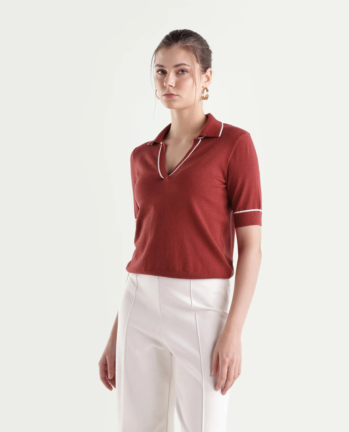 Rareism Women's Lolo Dark Red Viscose Blend Spread Collar Regular Plain Polo
