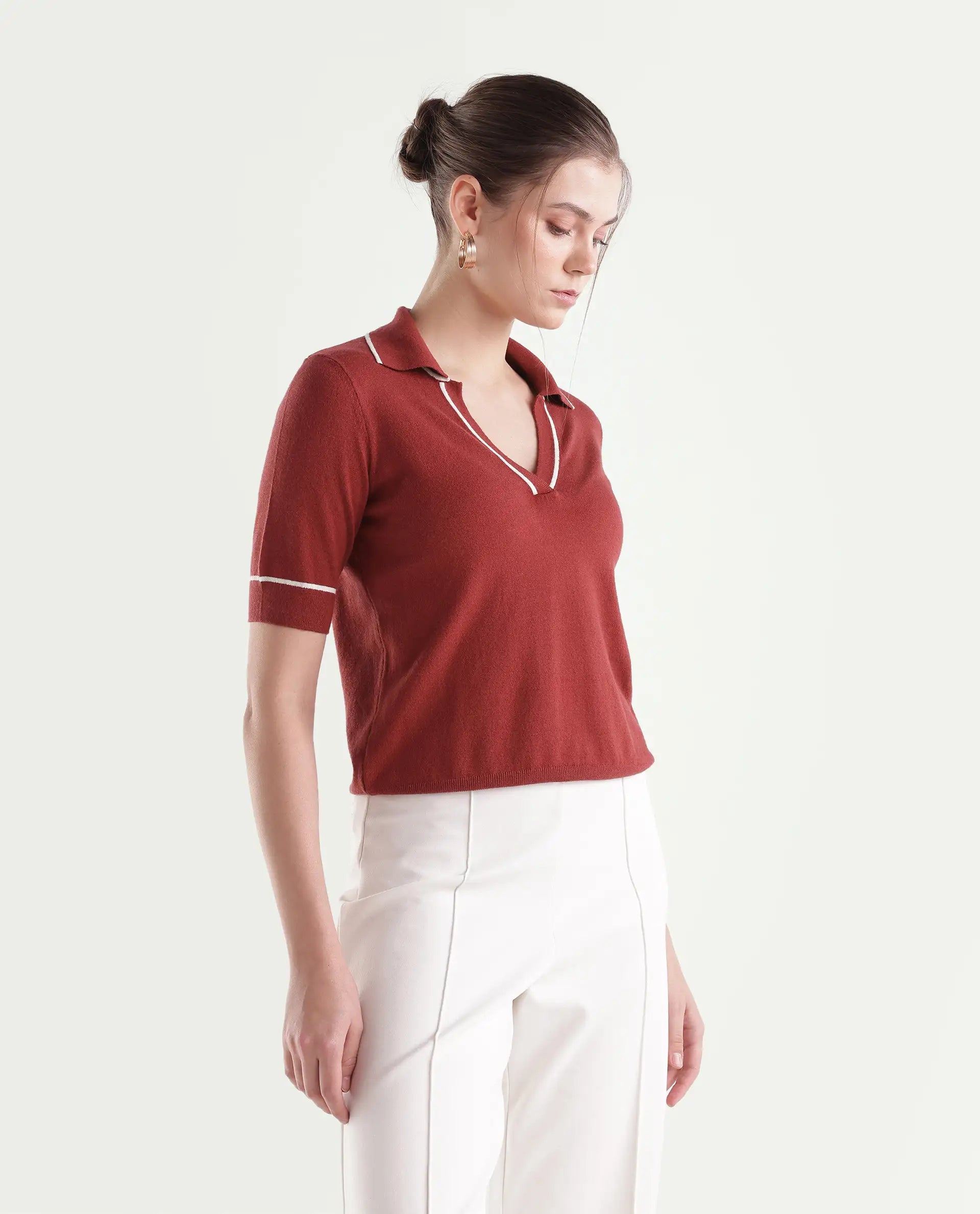 Rareism Women's Lolo Dark Red Viscose Blend Spread Collar Regular Plain Polo