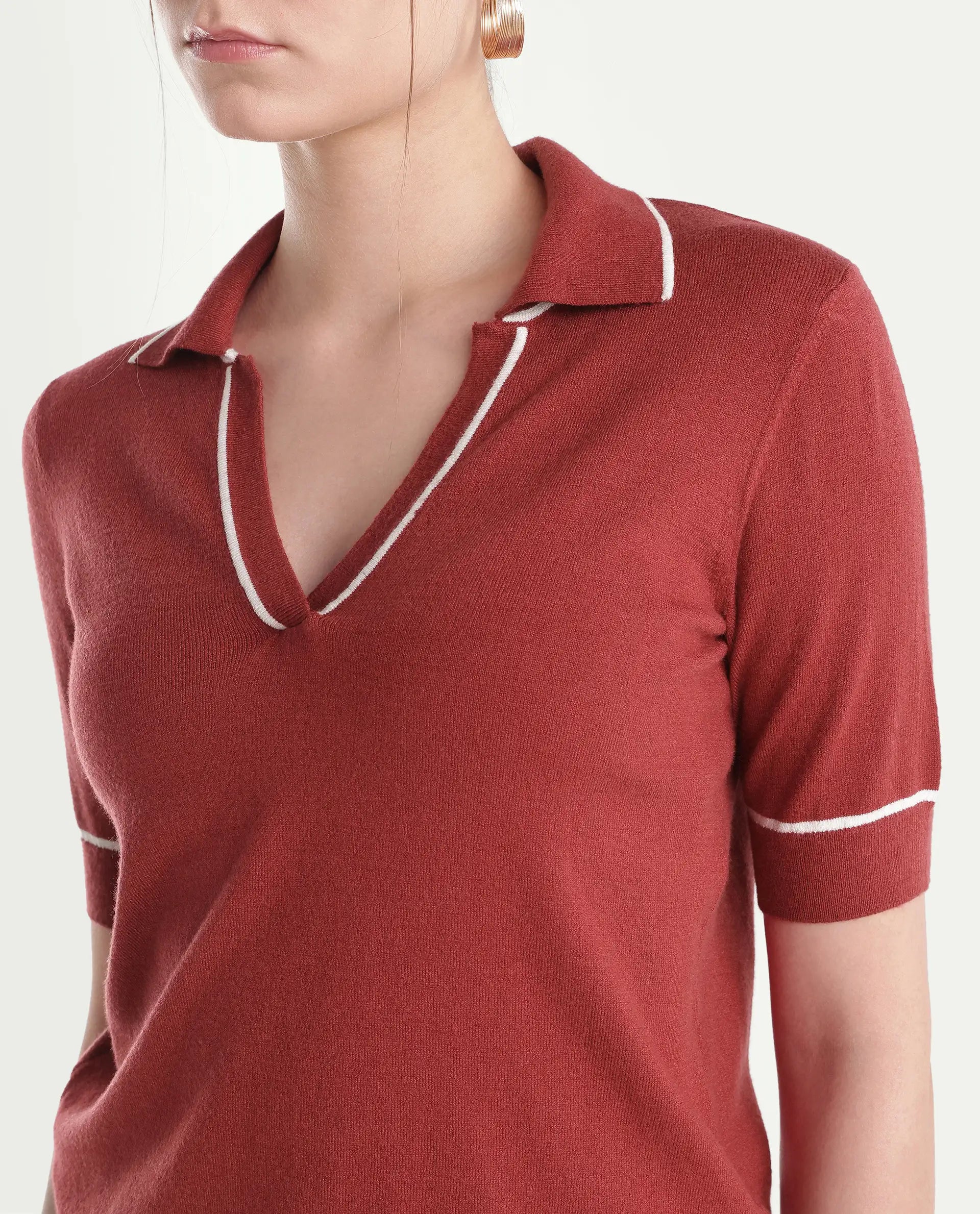 Rareism Women's Lolo Dark Red Viscose Blend Spread Collar Regular Plain Polo