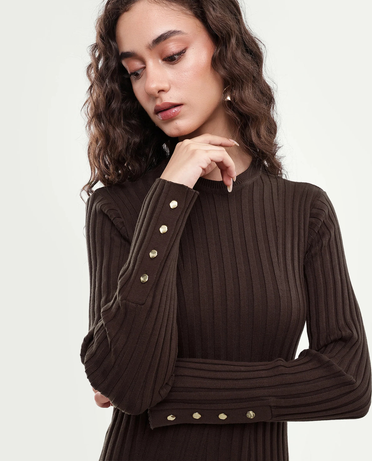 Rareism Women's Locos Dark Brown Cotton Crew Neck Slim Plain Dress