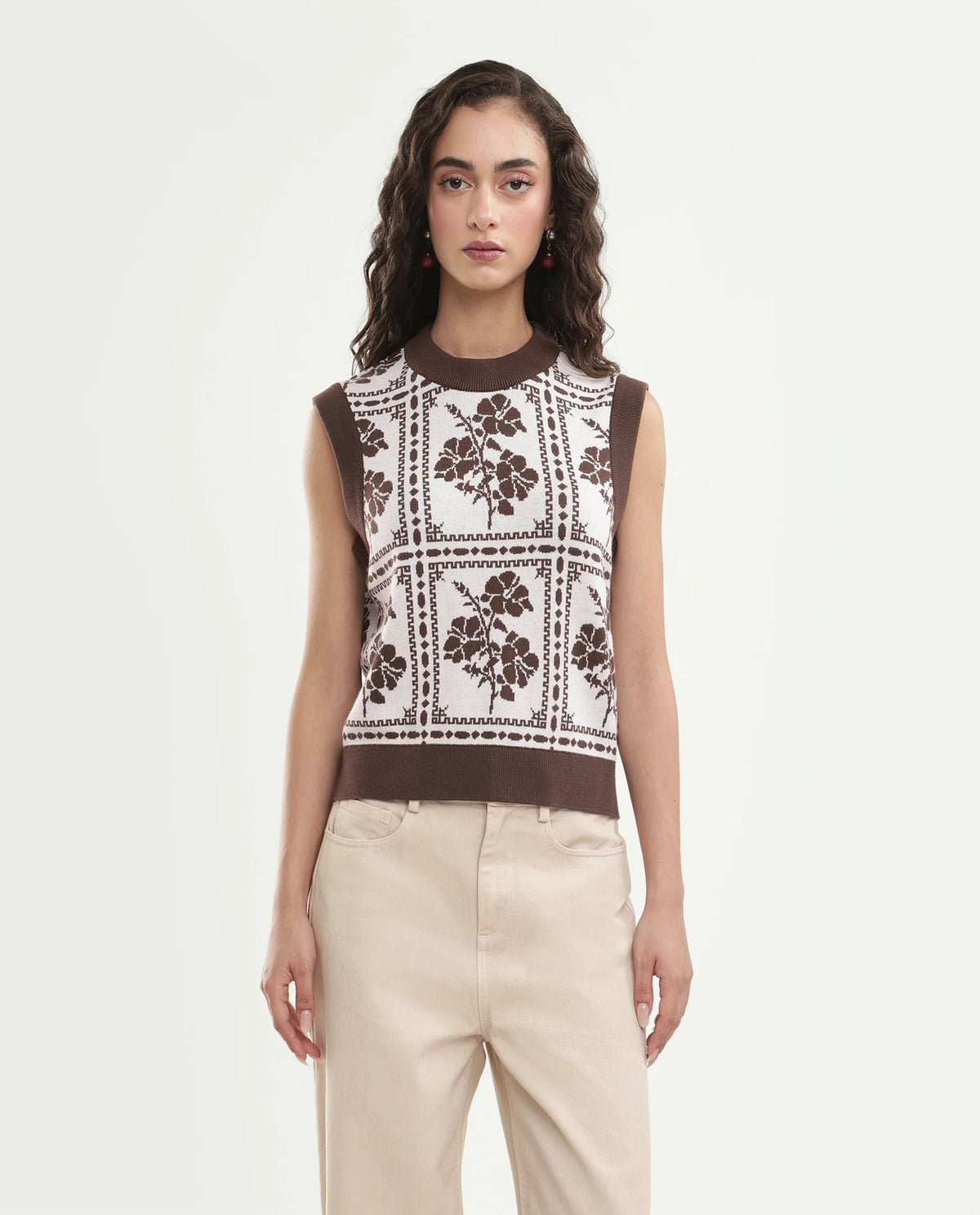 Rareism Women's Lest Off White Cotton Pull-On Regular Fit Floral Print Sweater