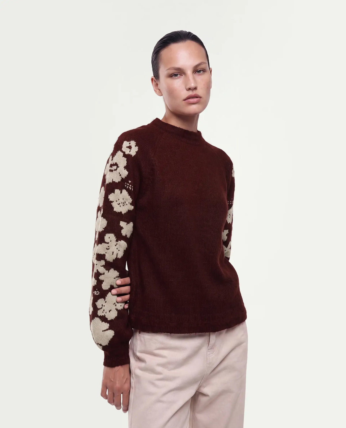 Rareism Women's Zaneaw26 Dark Maroon Acrylic Blend Pull-On Relaxed Fit Floral Print Sweater