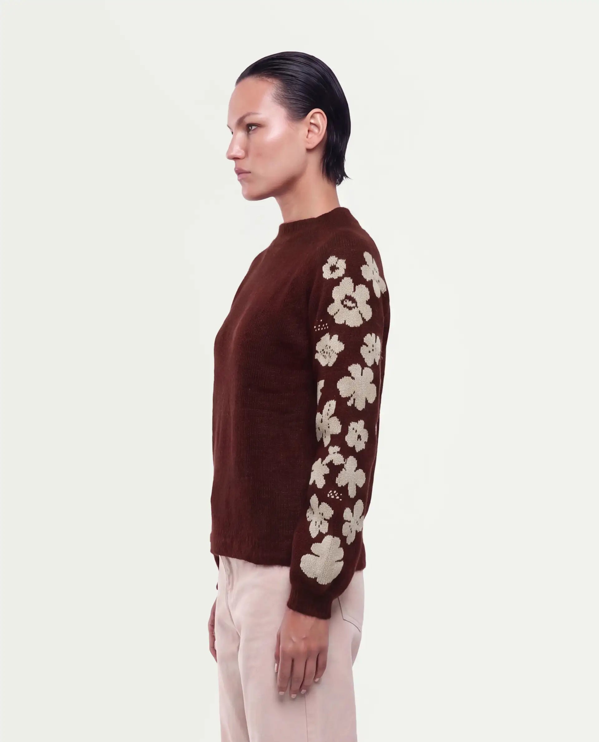 Rareism Women's Zaneaw26 Dark Maroon Acrylic Blend Pull-On Relaxed Fit Floral Print Sweater