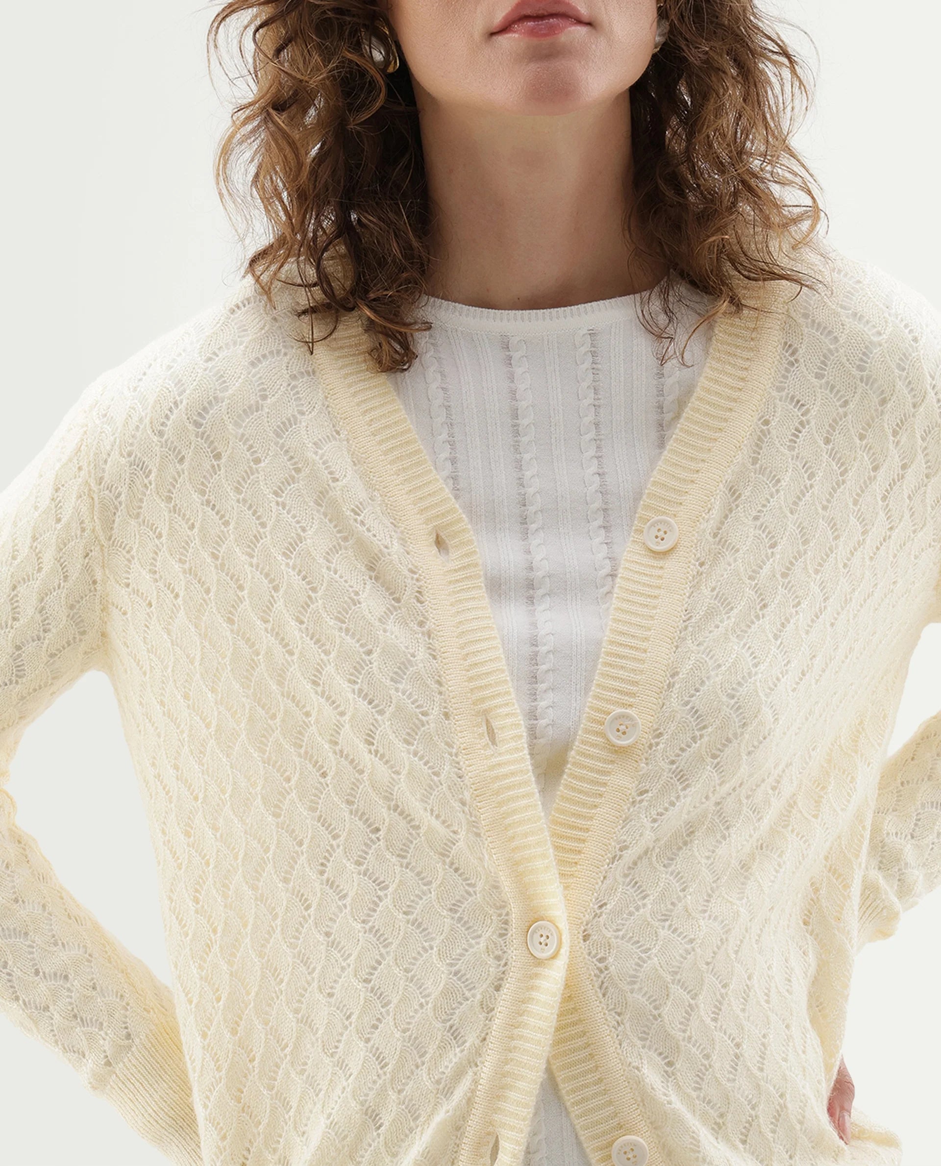 Rareism Women's Lence-A Off White Acrylic Blend Button Relaxed Fit Cardigan