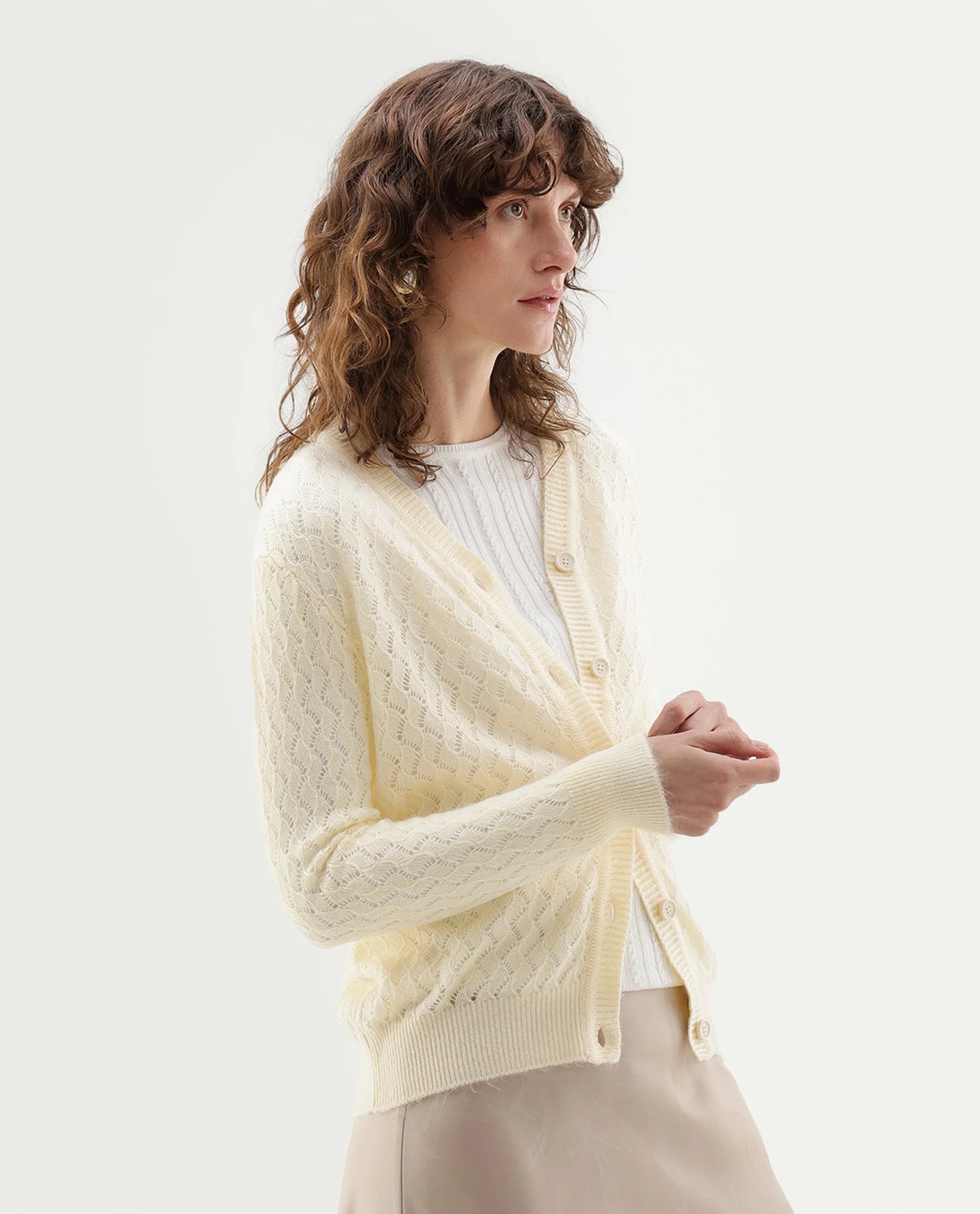 Rareism Women's Lence-A Off White Acrylic Blend Button Relaxed Fit Cardigan