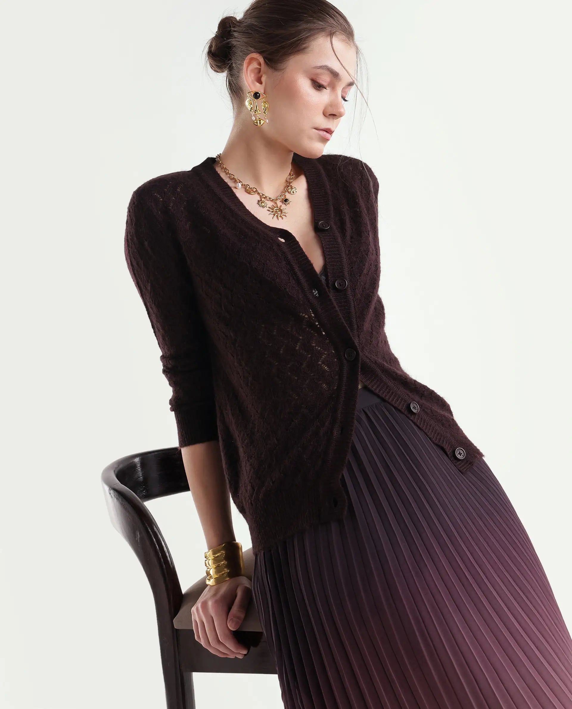 Rareism Women's Lence-A Dark Maroon Acrylic Blend Button Relaxed Fit Cardigan