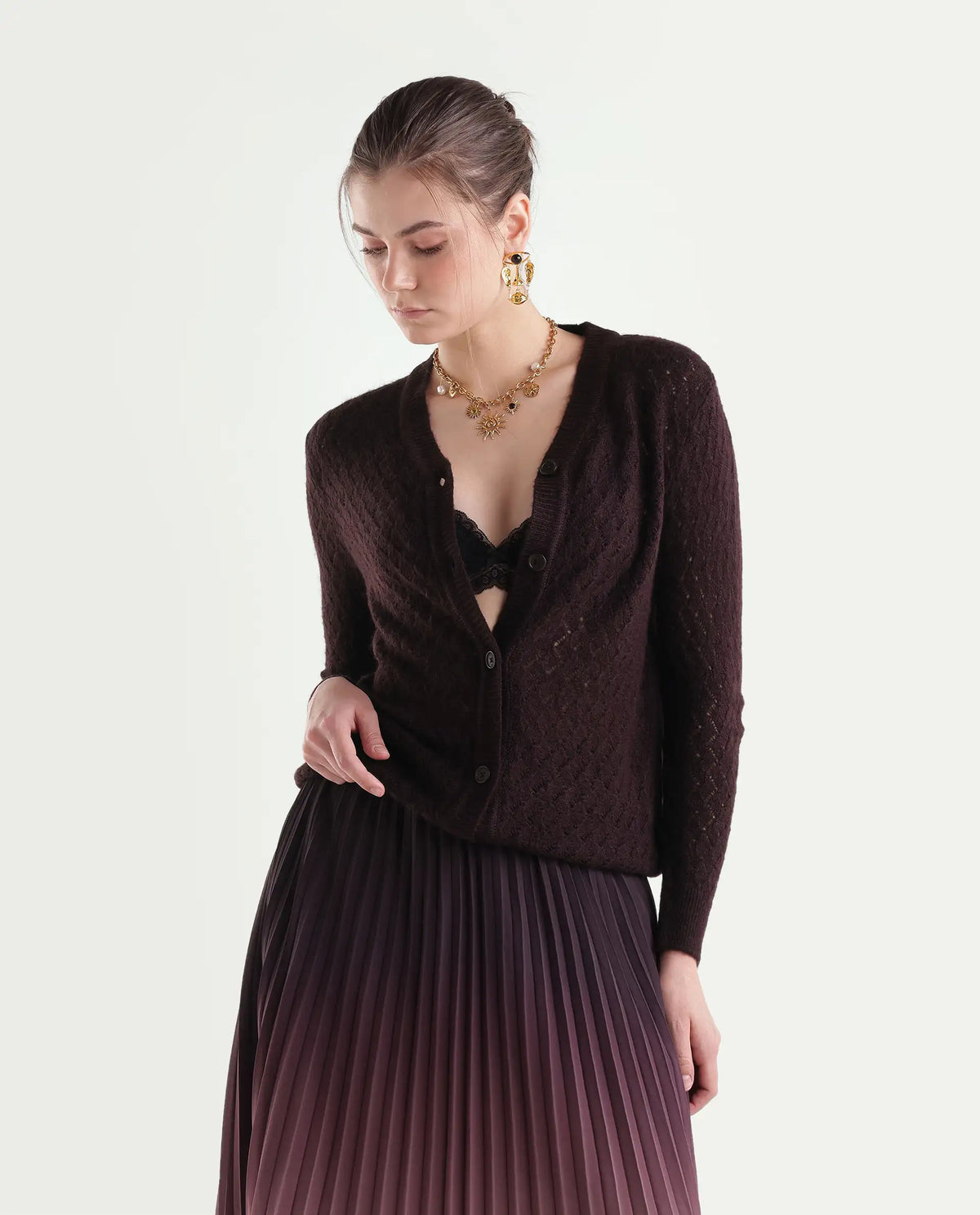 Rareism Women's Lence-A Dark Maroon Acrylic Blend Button Relaxed Fit Cardigan