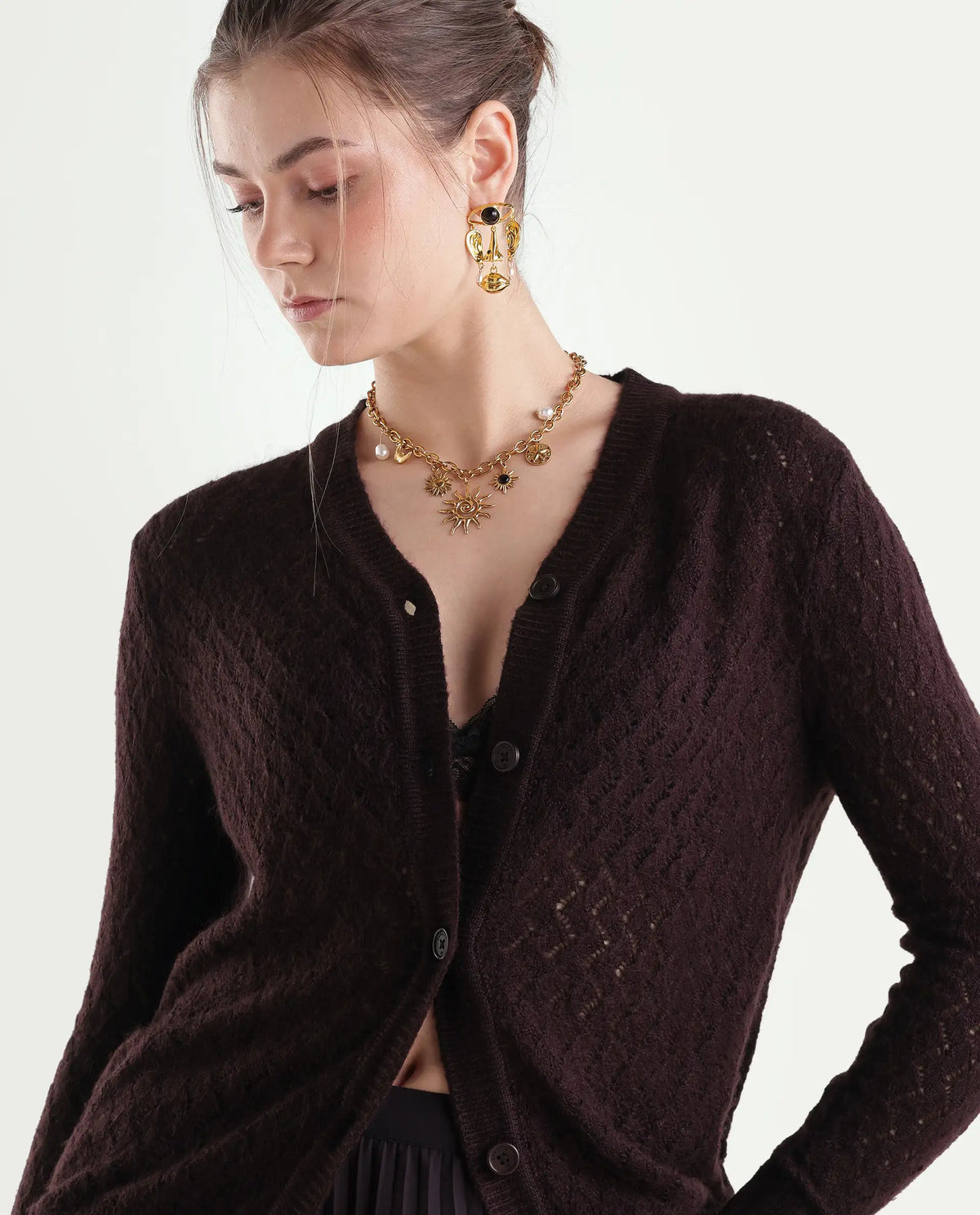 Rareism Women's Lence-A Dark Maroon Acrylic Blend Button Relaxed Fit Cardigan