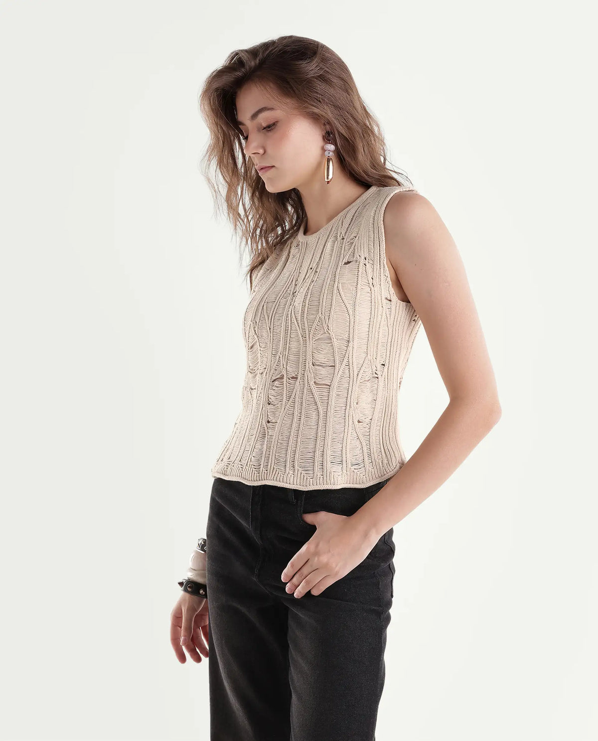 Rareism Women's Sora Off White Cotton Pull-On Relaxed Fit Top