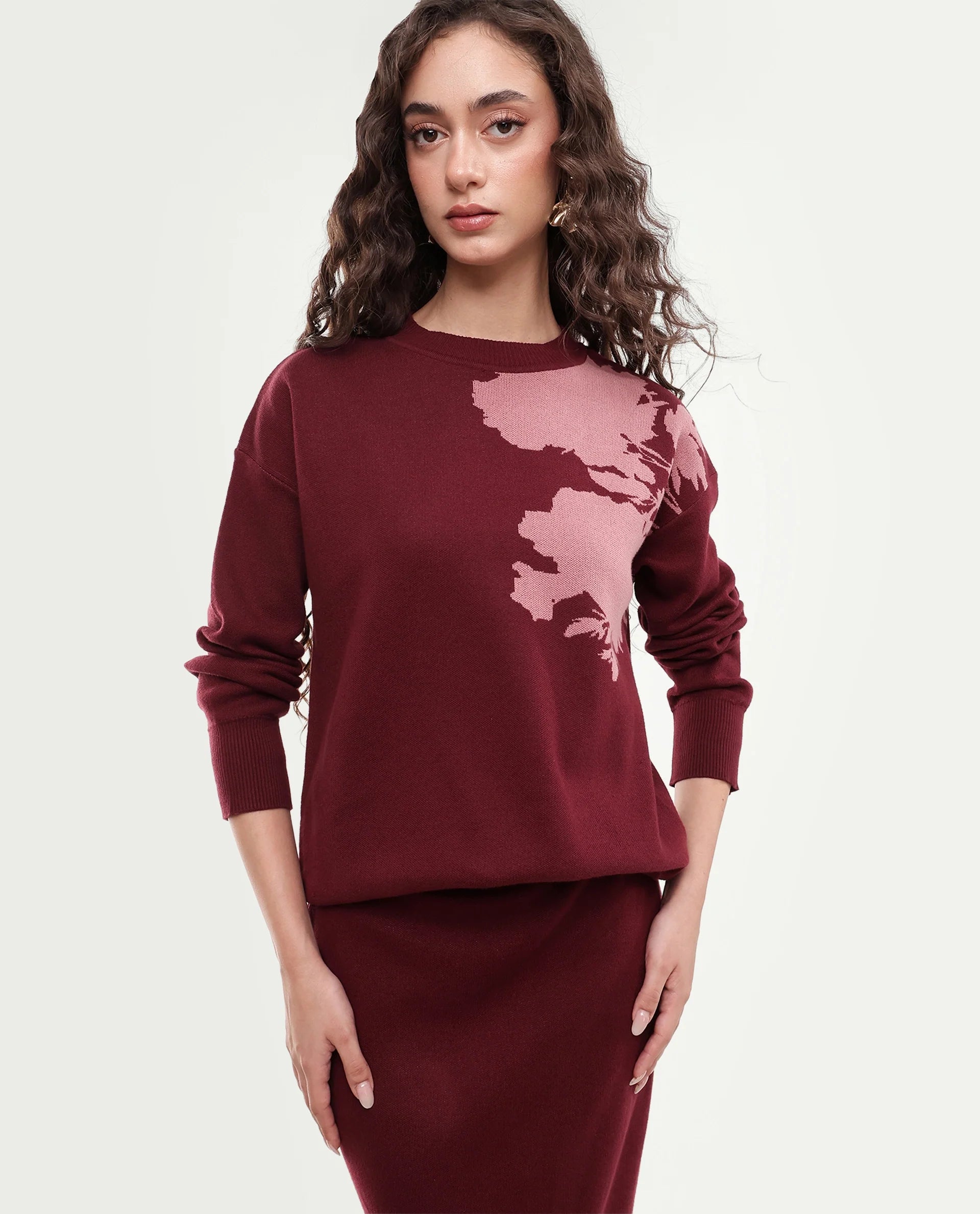 Rareism Women's Lacqua-T Dark Maroon Cotton Pull-On Relaxed Fit Floral Print Sweater