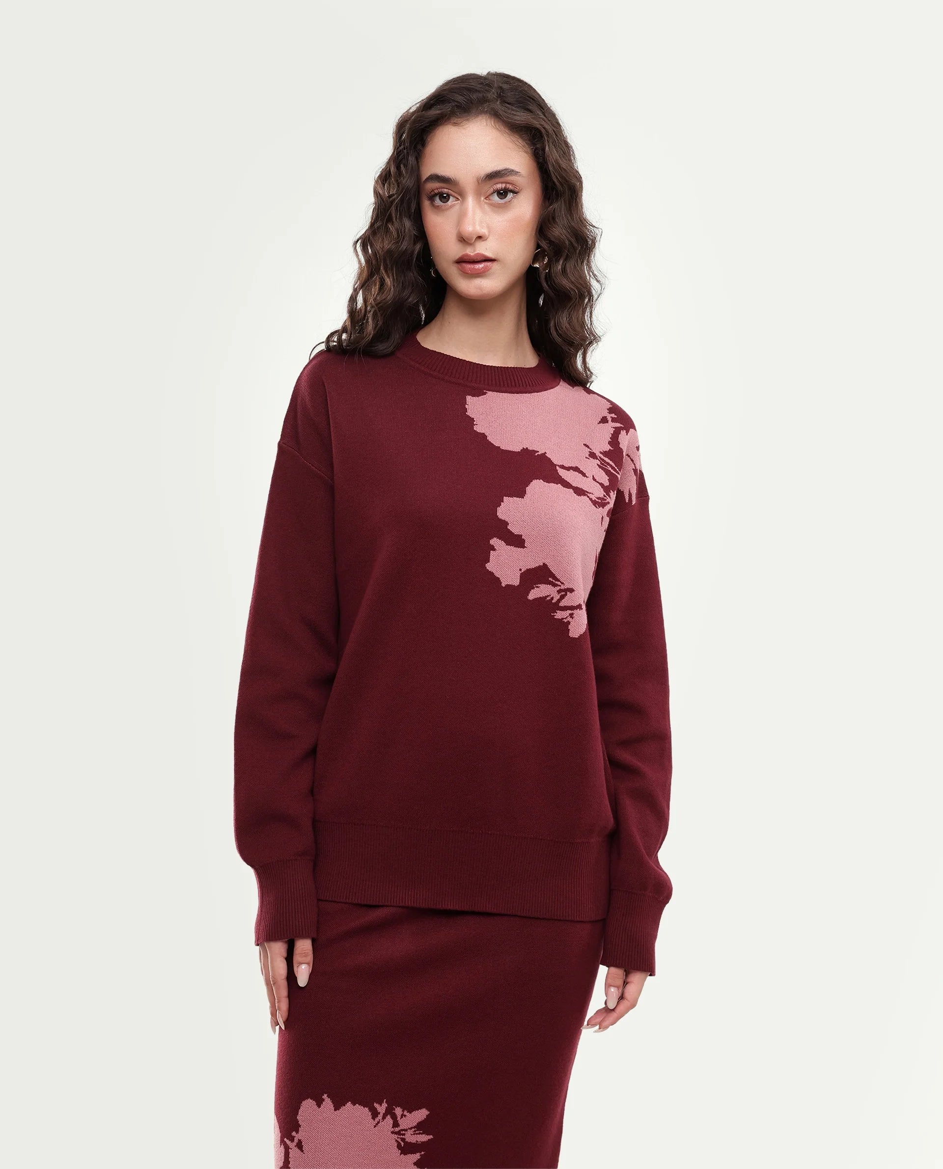 Rareism Women's Lacqua-T Dark Maroon Cotton Pull-On Relaxed Fit Floral Print Sweater