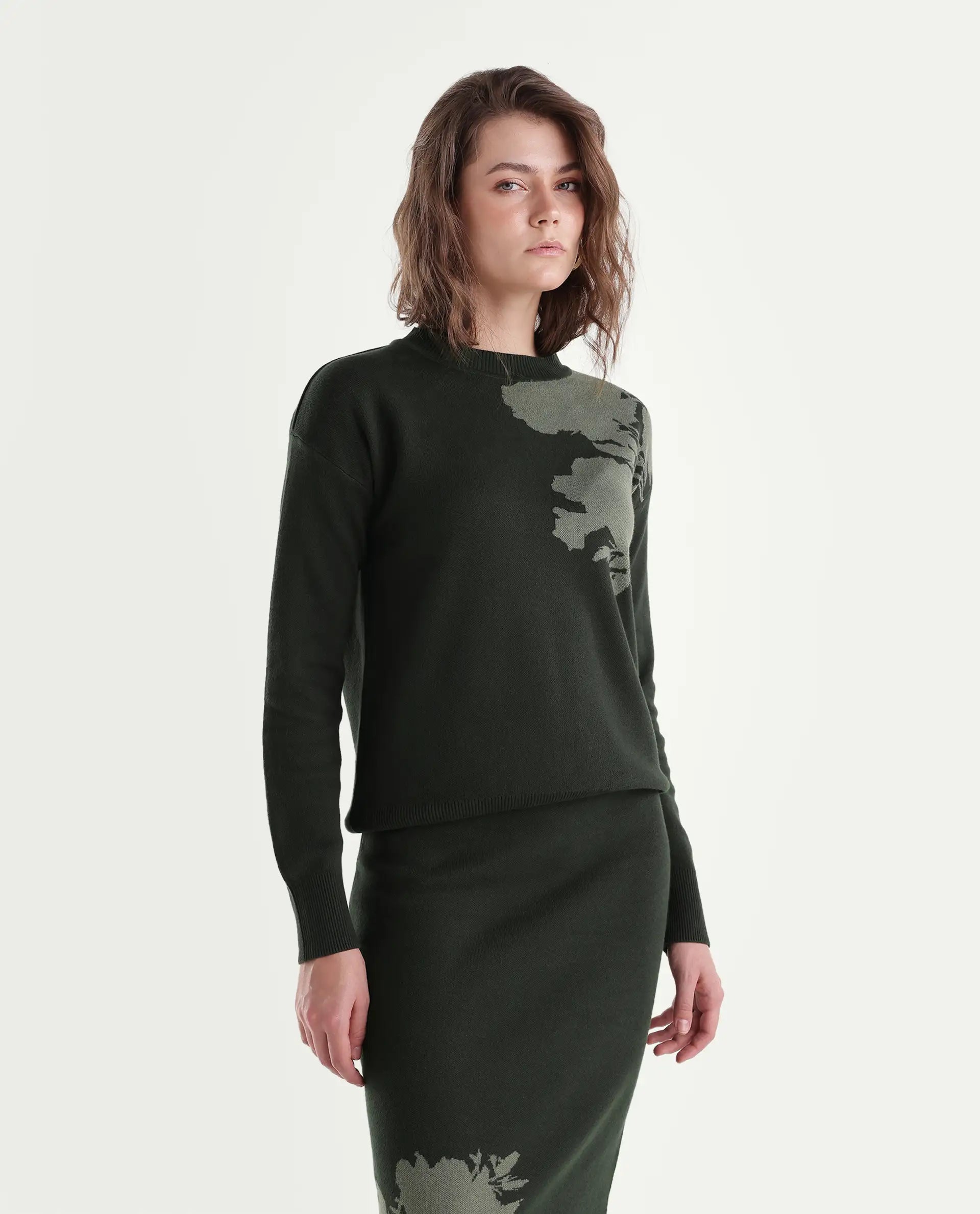 Rareism Women's Lacqua-T Dark Olive Cotton Pull-On Relaxed Fit Floral Print Sweater
