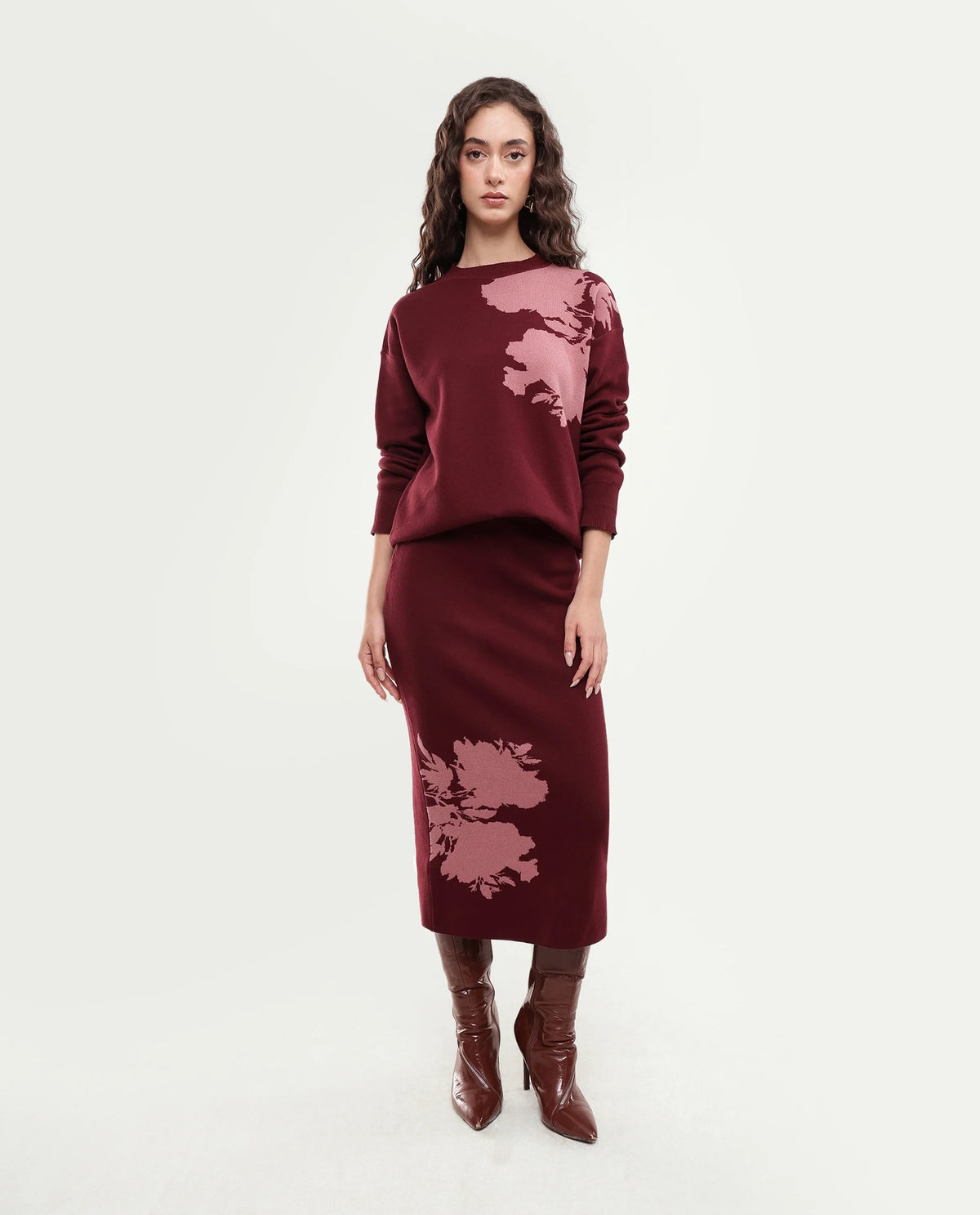 Rareism Women's Lacqua-B Dark Maroon Cotton Pull-On Straight Jacquard Skirt