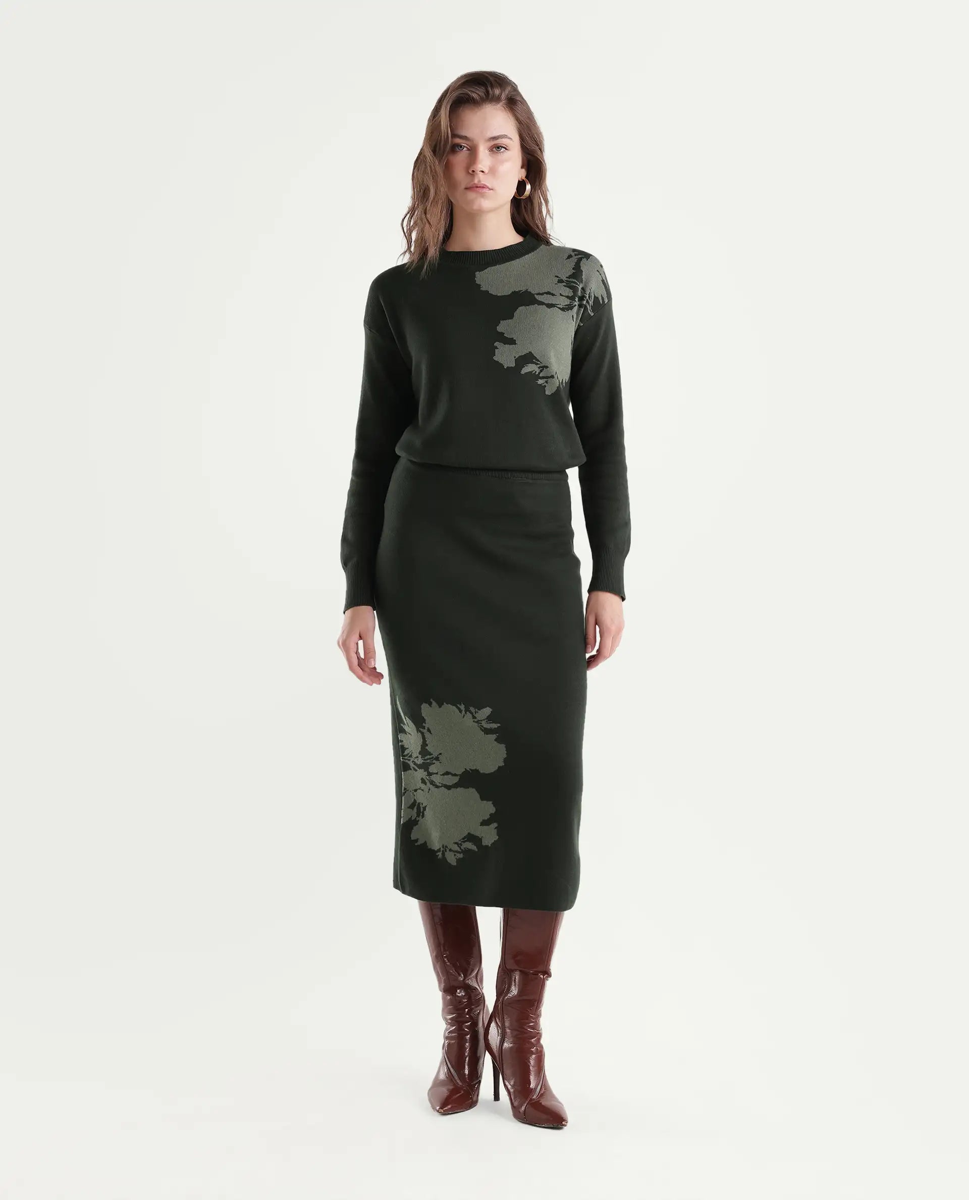 Rareism Women's Lacqua-B Dark Olive Cotton Pull-On Straight Jacquard Skirt