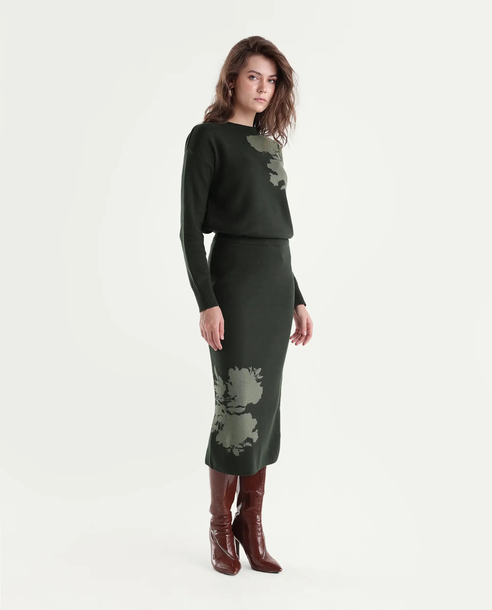 Rareism Women's Lacqua-B Dark Olive Cotton Pull-On Straight Jacquard Skirt