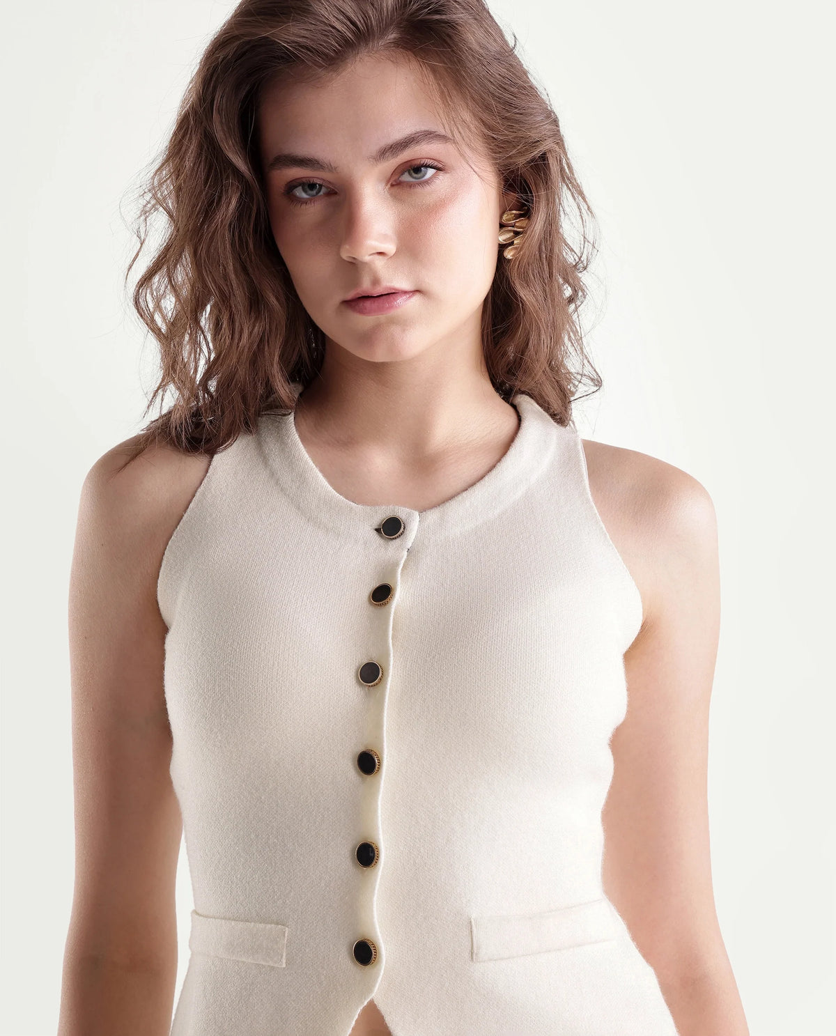 Rareism Women's Lwo-T Off White Viscose Blend Button Regular Fit Top