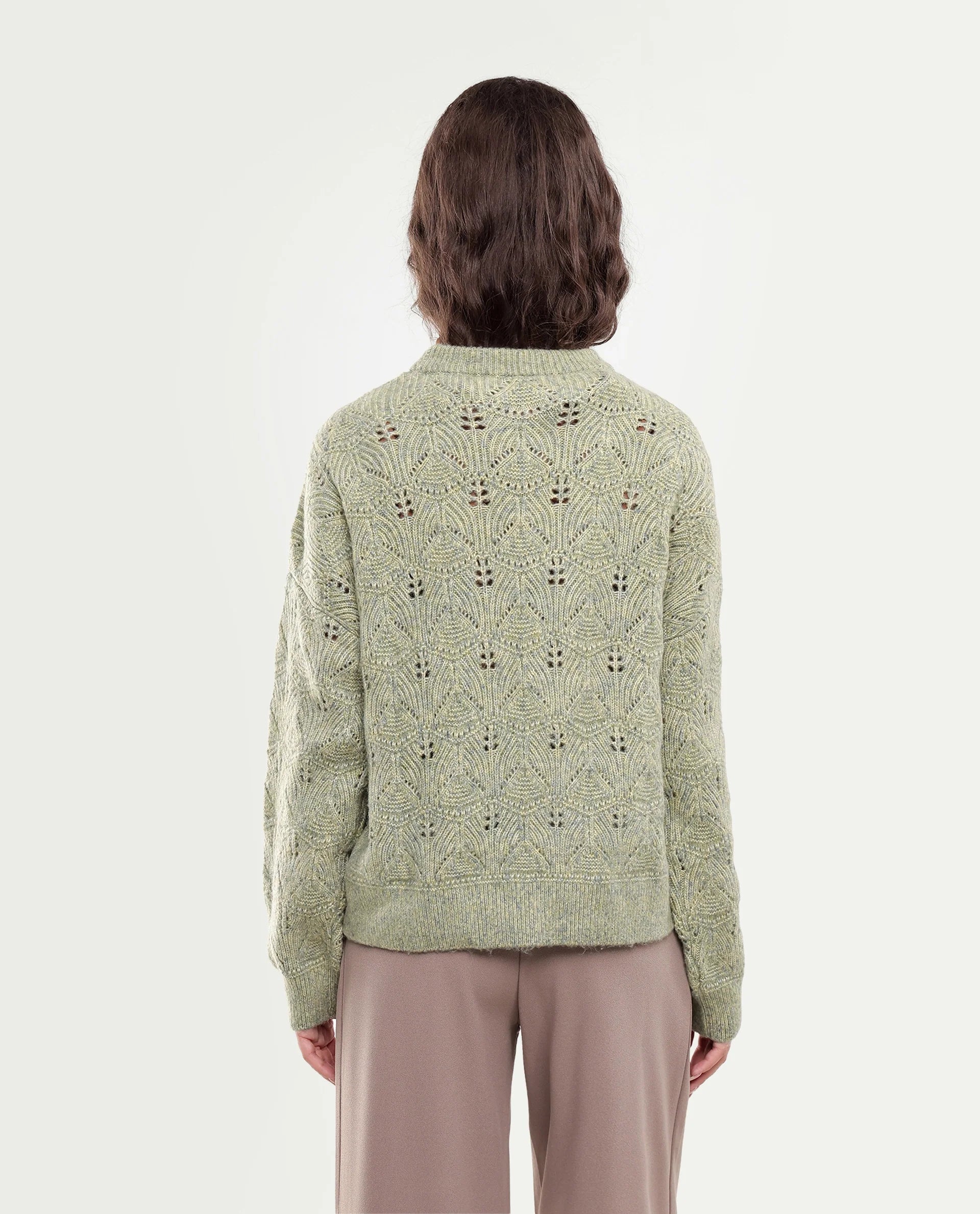 Rareism Women's Lan-Rsm Light Olive Acrylic Blend Pull-On Relaxed Fit Sweater