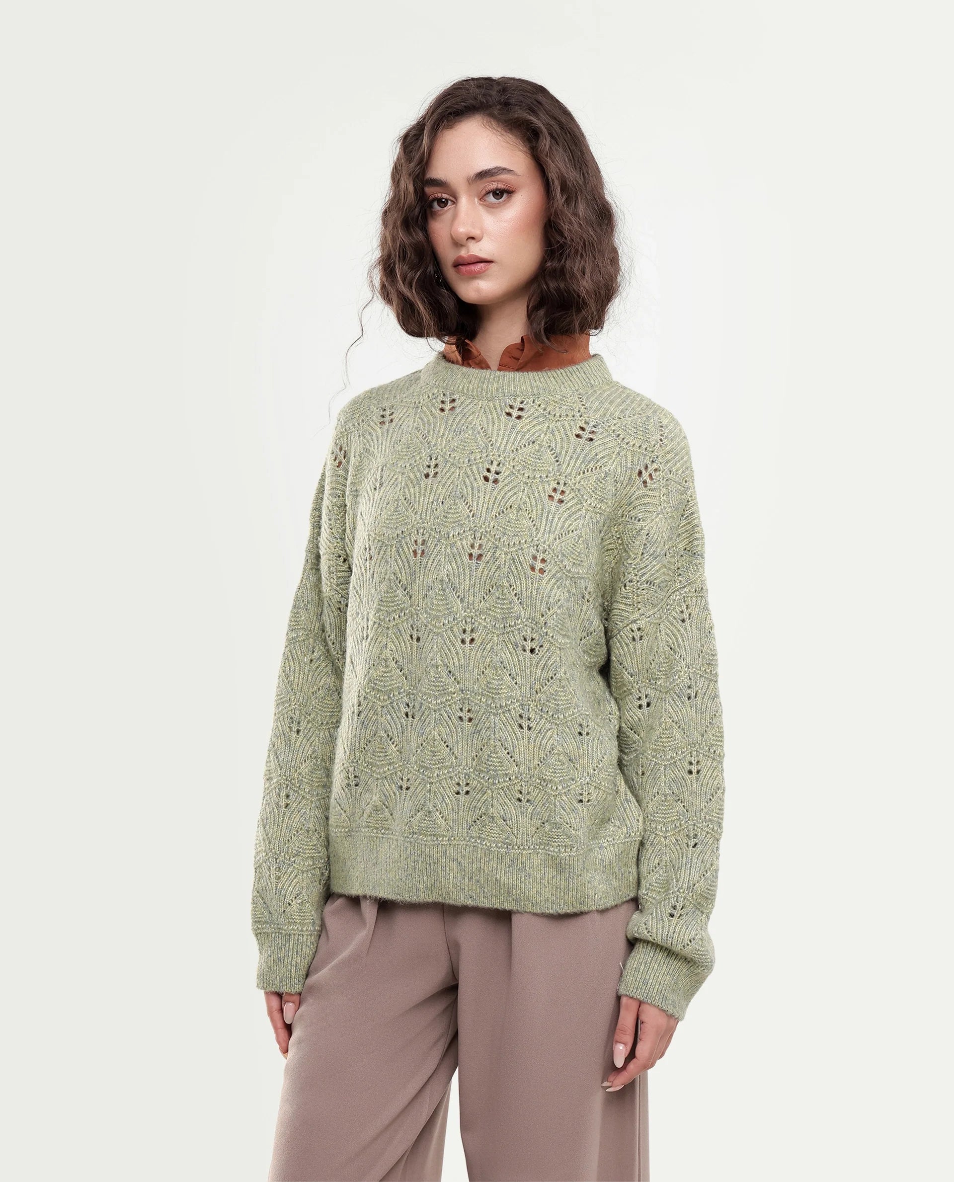 Rareism Women's Lan-Rsm Light Olive Acrylic Blend Pull-On Relaxed Fit Sweater
