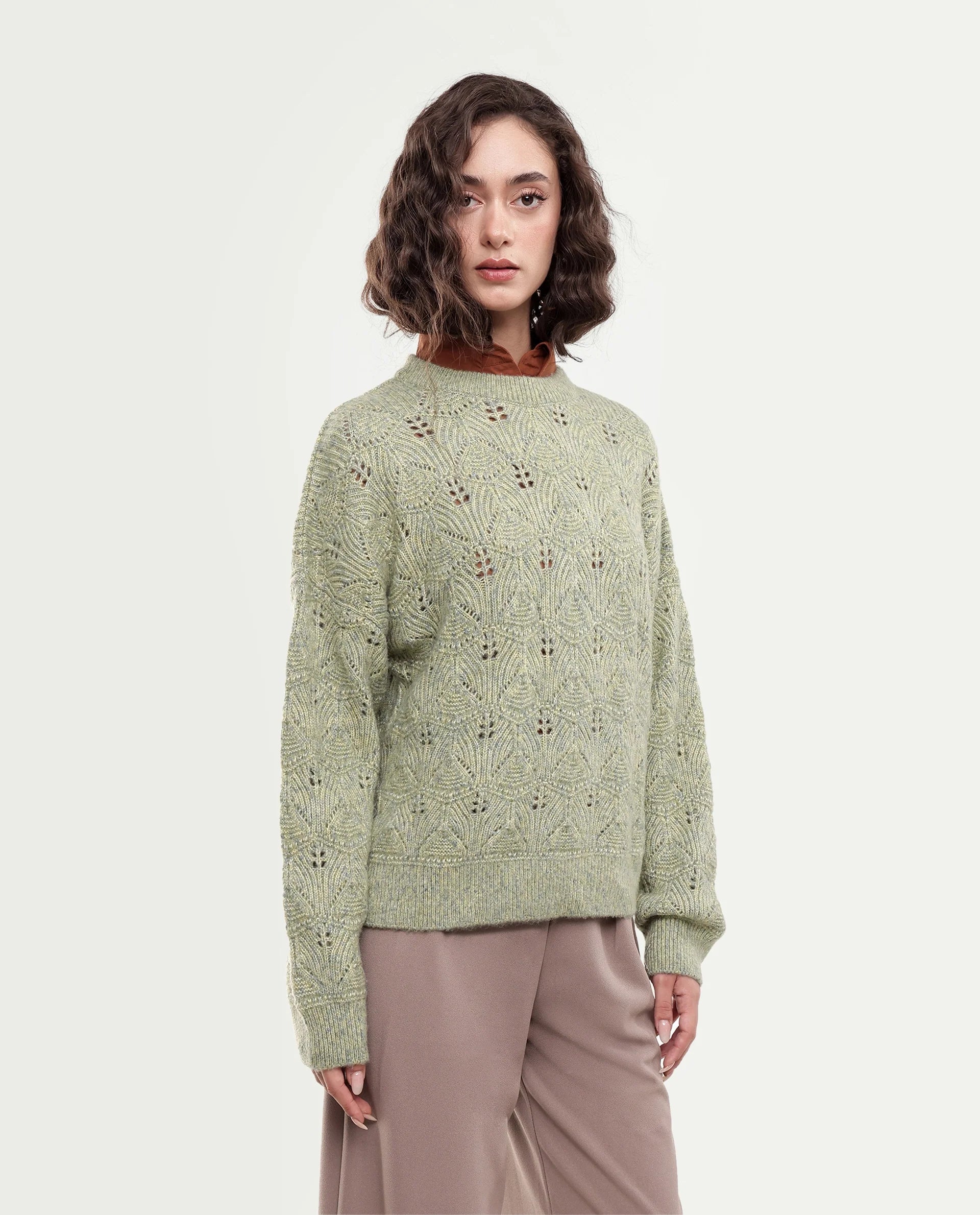 Rareism Women's Lan-Rsm Light Olive Acrylic Blend Pull-On Relaxed Fit Sweater