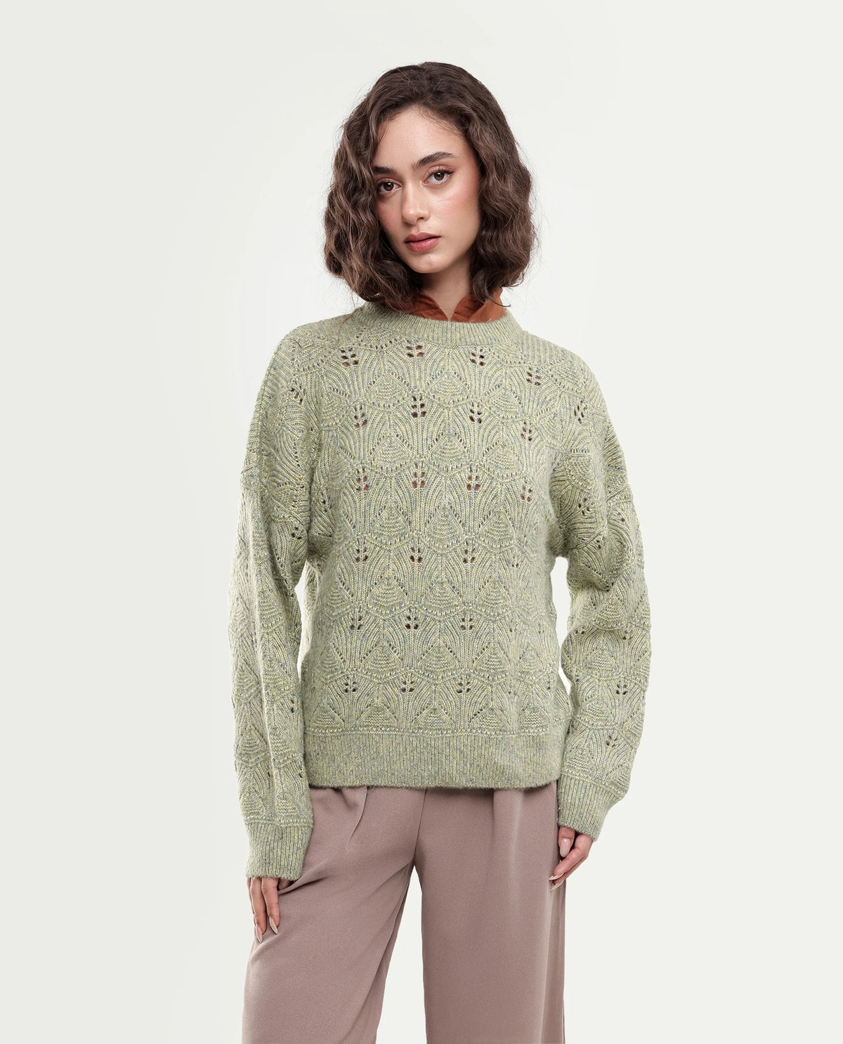 Rareism Women's Lan-Rsm Light Olive Acrylic Blend Pull-On Relaxed Fit Sweater