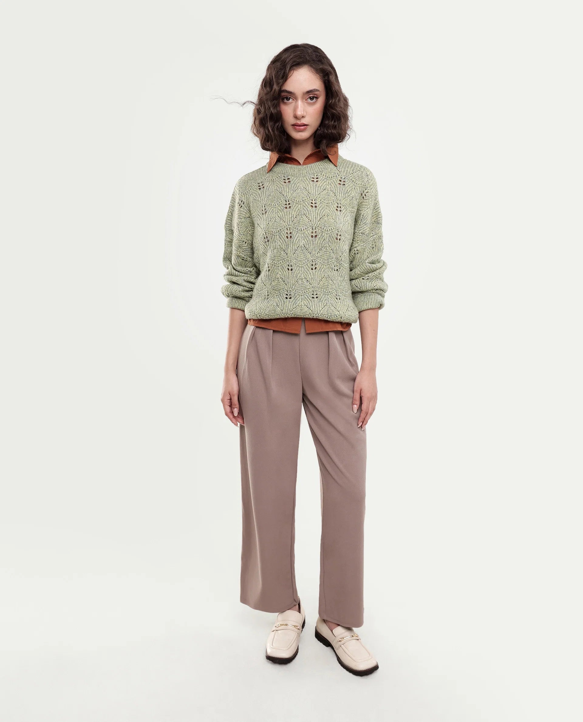 Rareism Women's Lan-Rsm Light Olive Acrylic Blend Pull-On Relaxed Fit Sweater