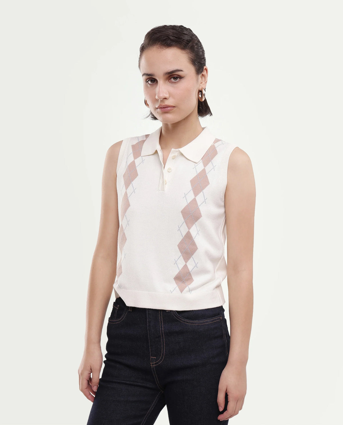 Rareism Women's Lango-A Off White Cotton Button Regular Fit Jacquard Polo