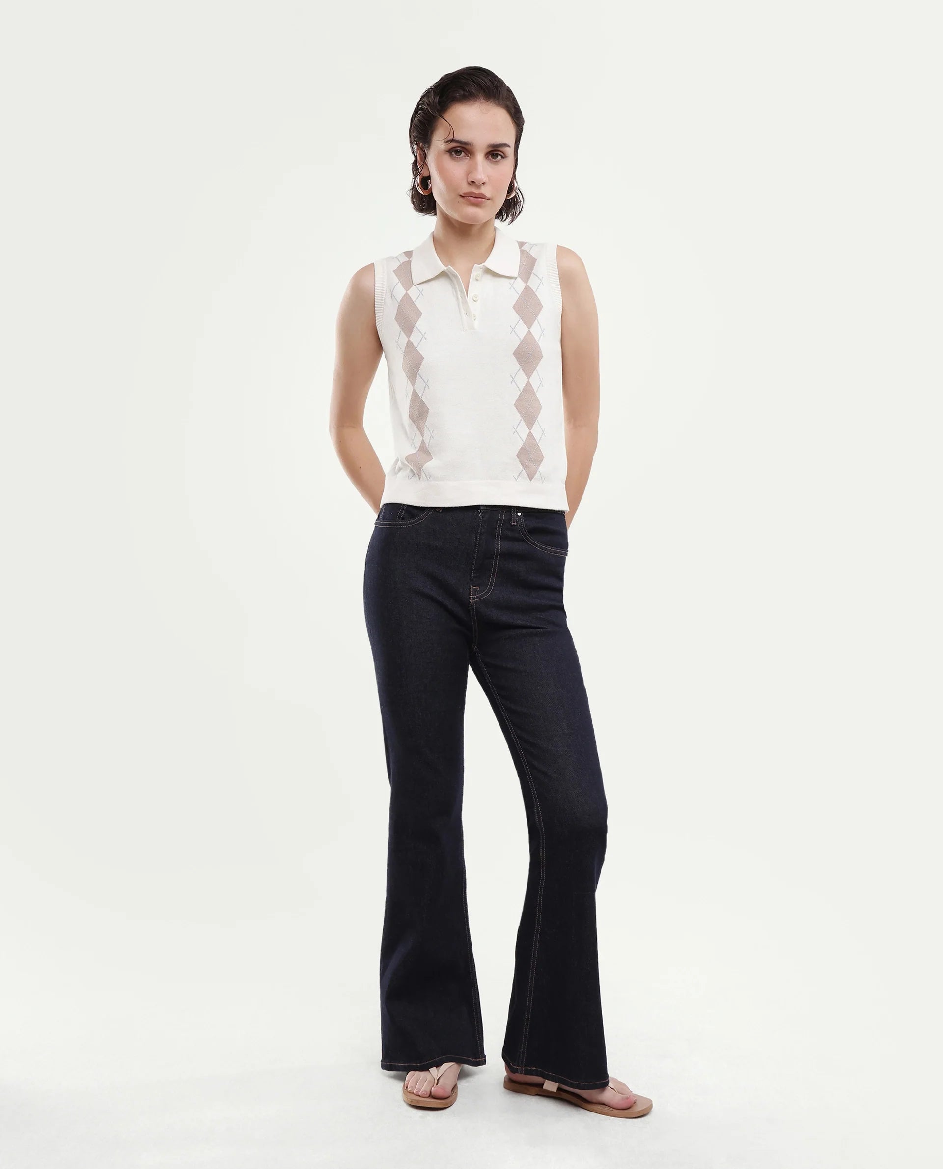 Rareism Women's Lango-A Off White Cotton Button Regular Fit Jacquard Polo